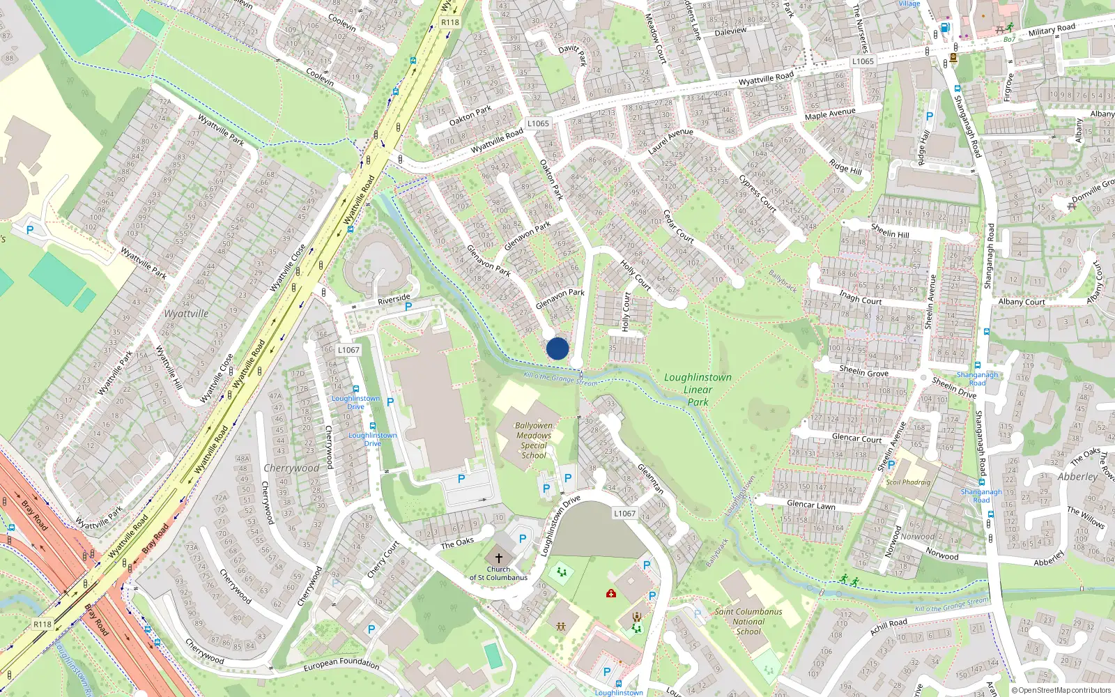Overhead map showing the location of 33 Glenavon Park, Ballybrack, Dublin