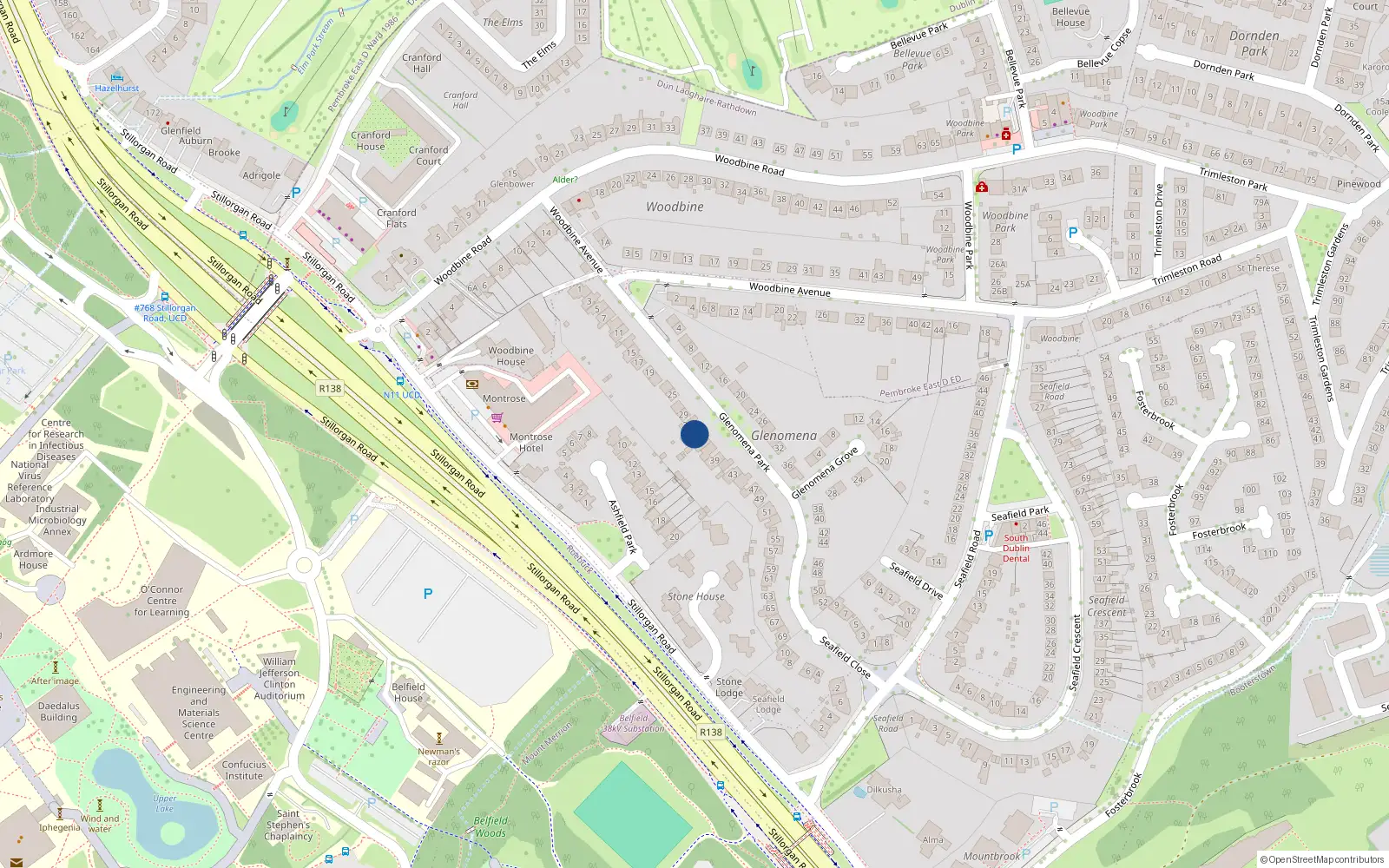 Overhead map showing the location of 33 Glenomena Park, Blackrock, Dublin