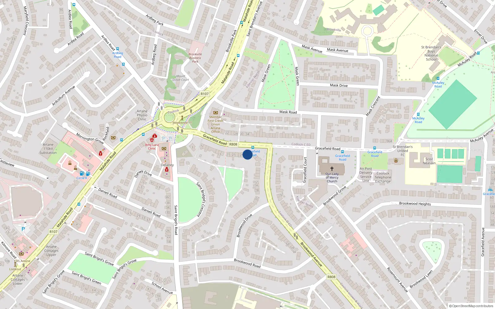 Overhead map showing the location of 33 Gracefield Road, Dublin 5