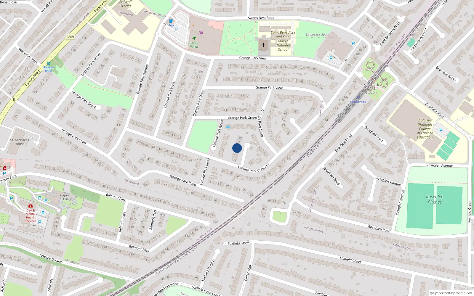 Overhead map showing the location of 33 Grange Park Cresent, Raheny, Dublin 5