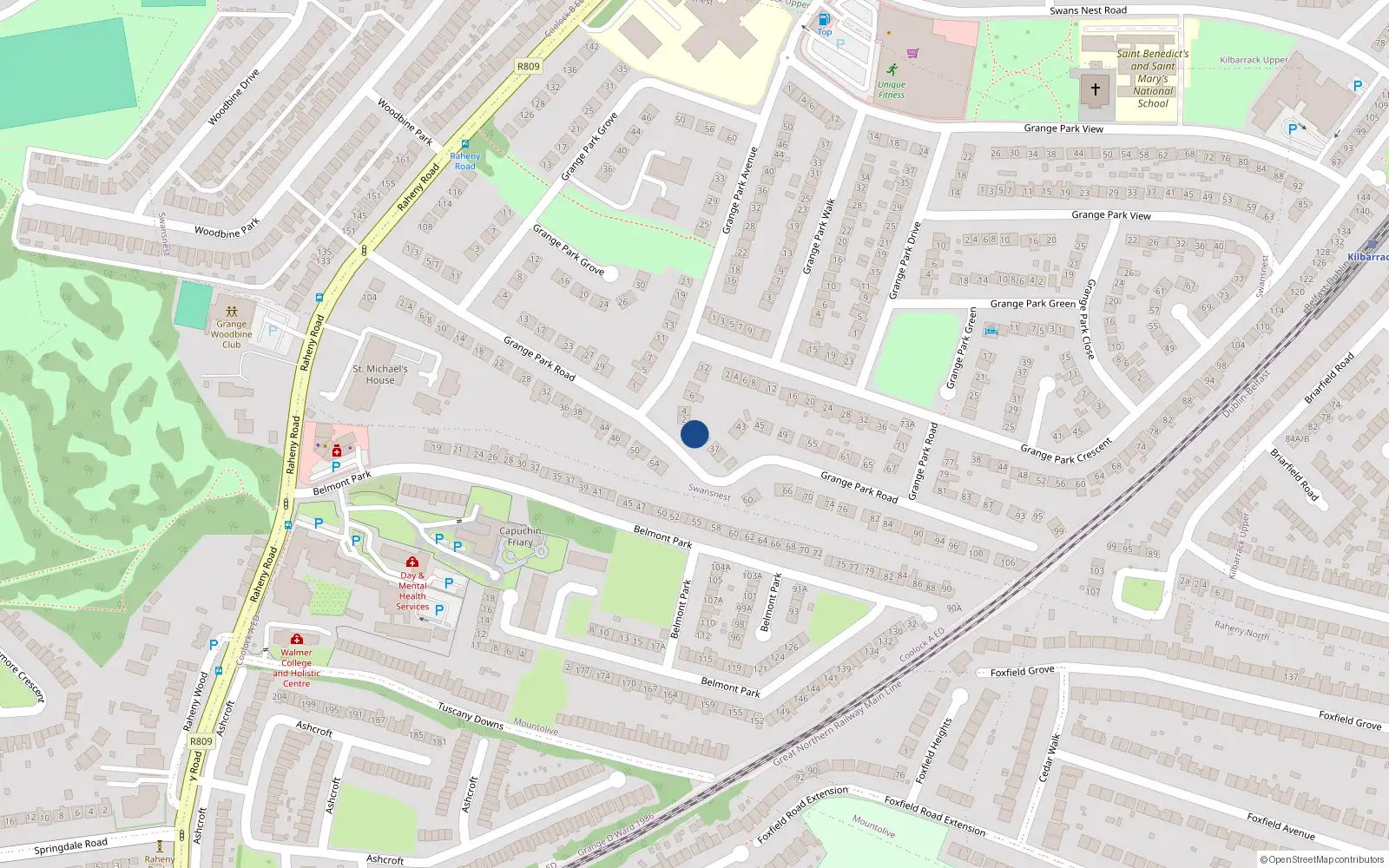 Overhead map showing the location of 33 Grange Park Road, Raheny, Dublin 5