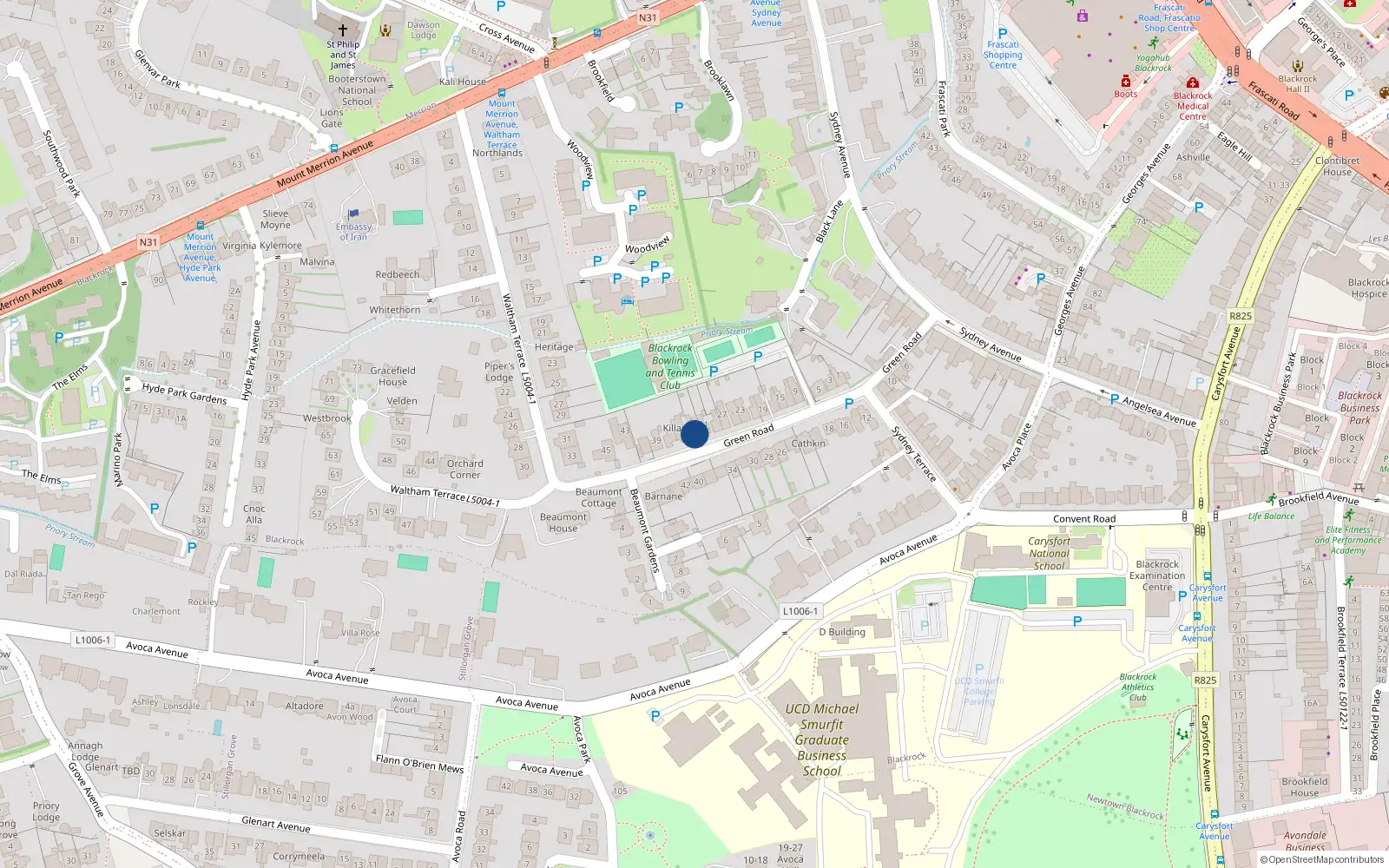 Overhead map showing the location of 33 Green Road, Blackrock, Dublin