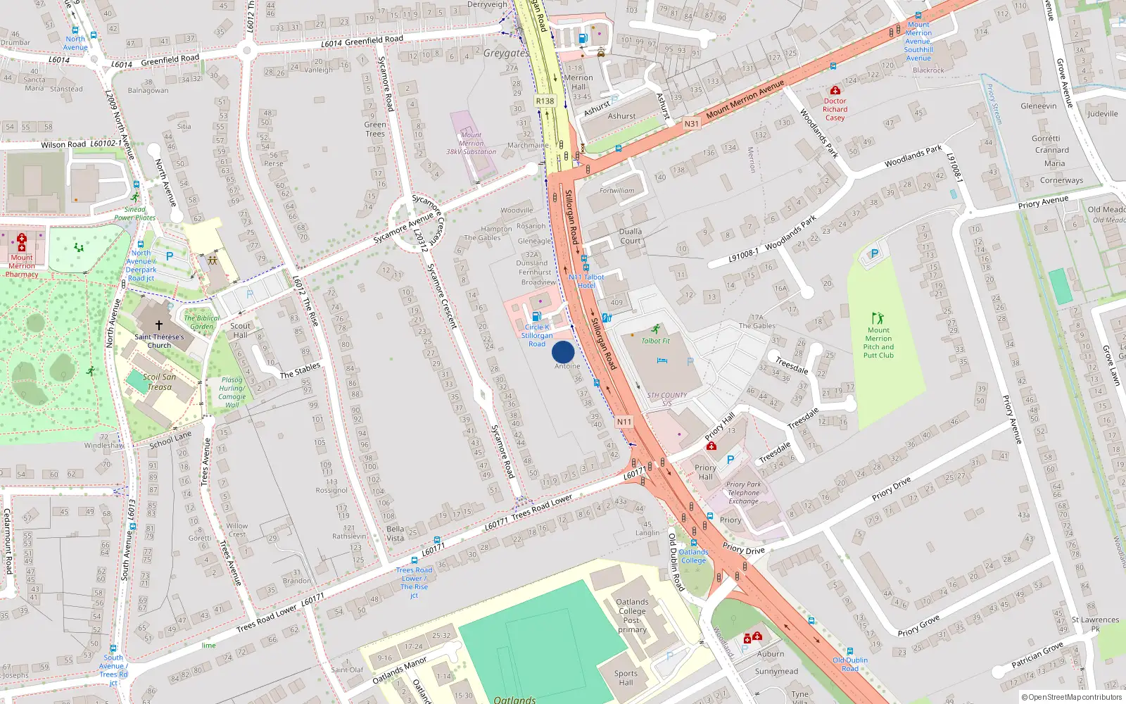 Overhead map showing the location of 33, Greygates, Mount Merrion, Stillorgan-Mount Merrion DED 1986, Blackrock, Dún Laoghaire-Rathdown