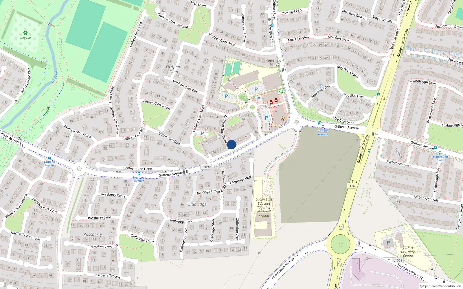 Overhead map showing the location of 33 Griffen Glen Boulevard, Lucan
