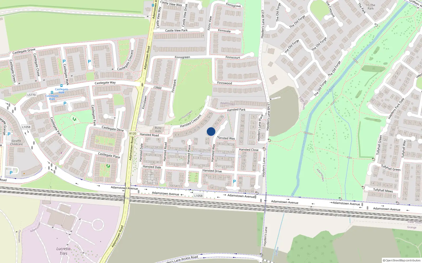 Overhead map showing the location of 33 Hansted Way, Finnstown, Lucan
