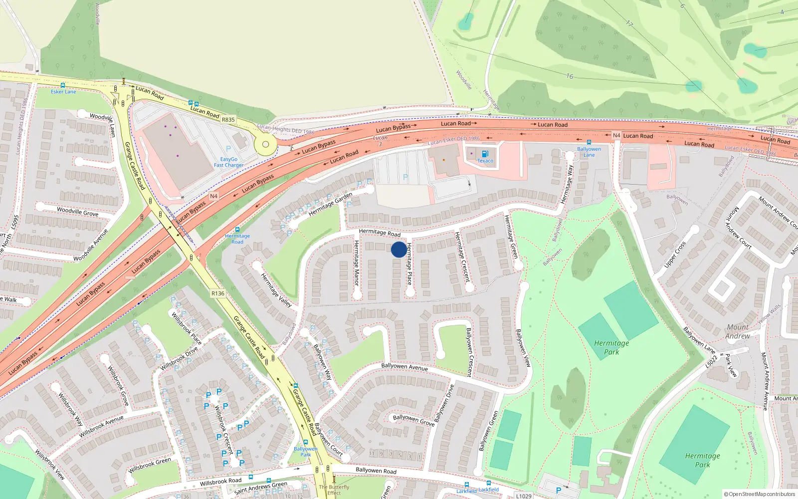 Overhead map showing the location of 33 Hermitage Road, Lucan, Dublin