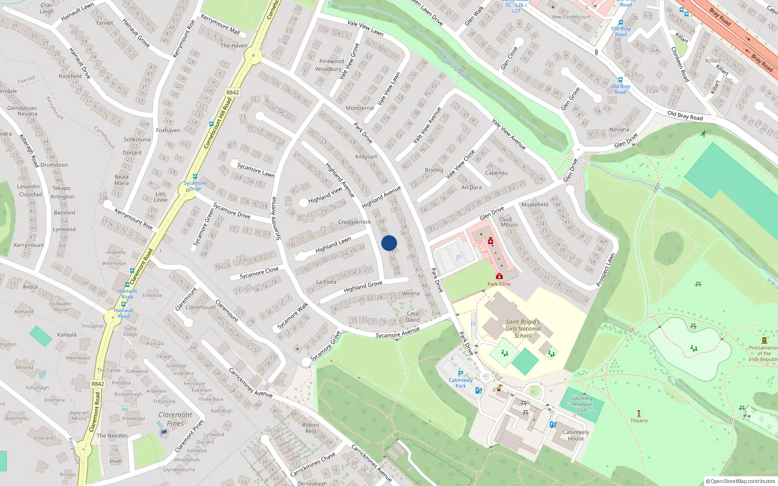 Overhead map showing the location of 33 Highland Avenue, Dublin 18