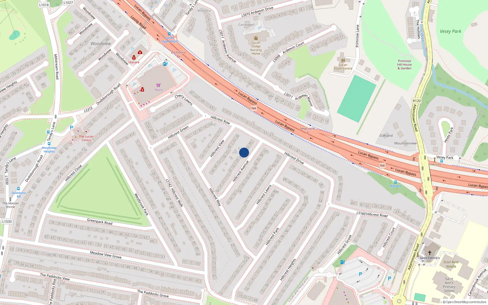 Overhead map showing the location of 33 Hillcrest Avenue, Lucan, Dublin