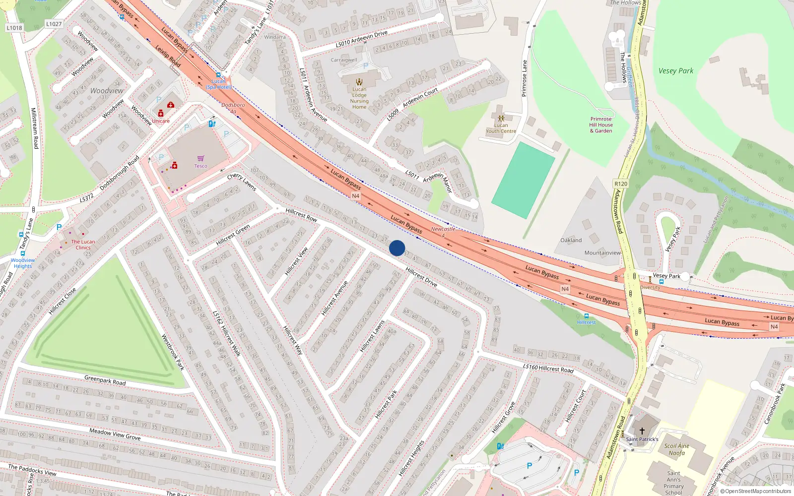 Overhead map showing the location of 33 Hillcrest Drive, Lucan, Dublin
