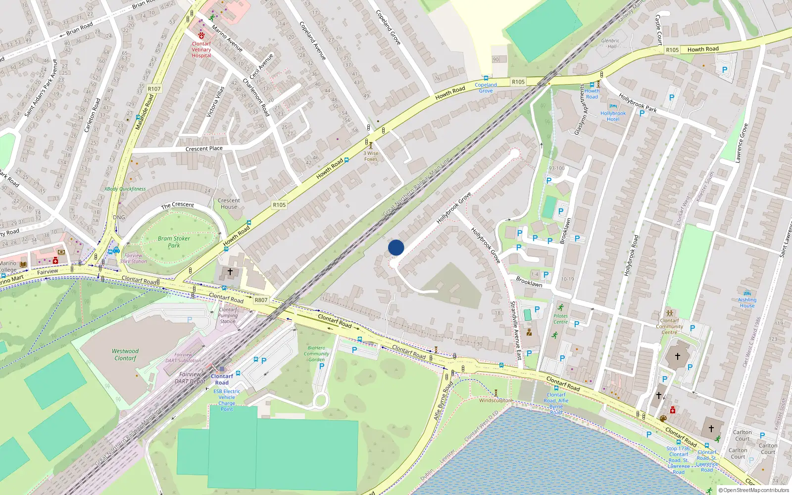 Overhead map showing the location of 33 Hollybrook Grove, Dublin 3
