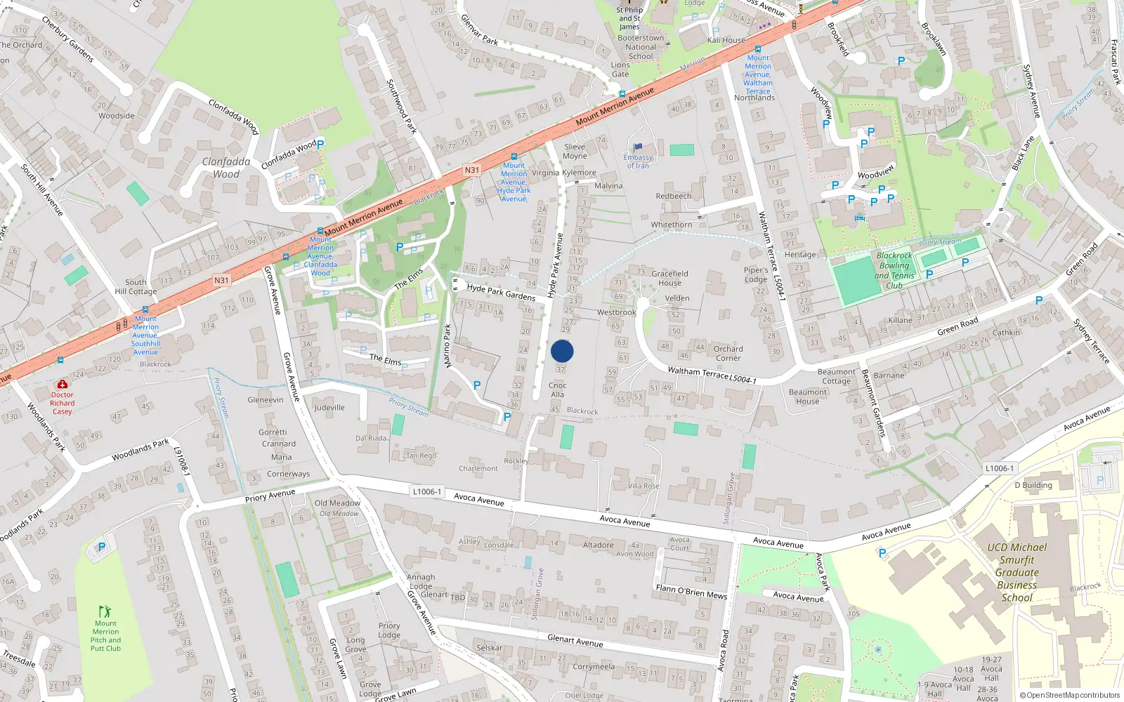 Overhead map showing the location of 33 Hyde Park Avenue, Blackrock, Dublin