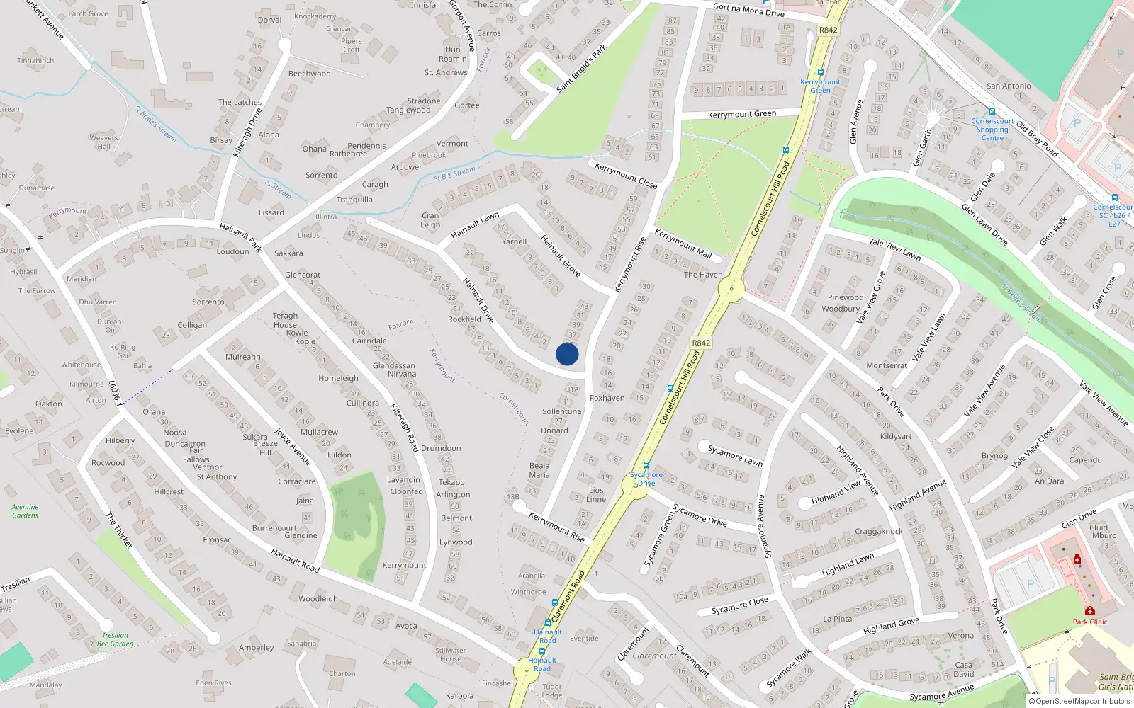 Overhead map showing the location of 33 Kerrymount Rise, Dublin 18