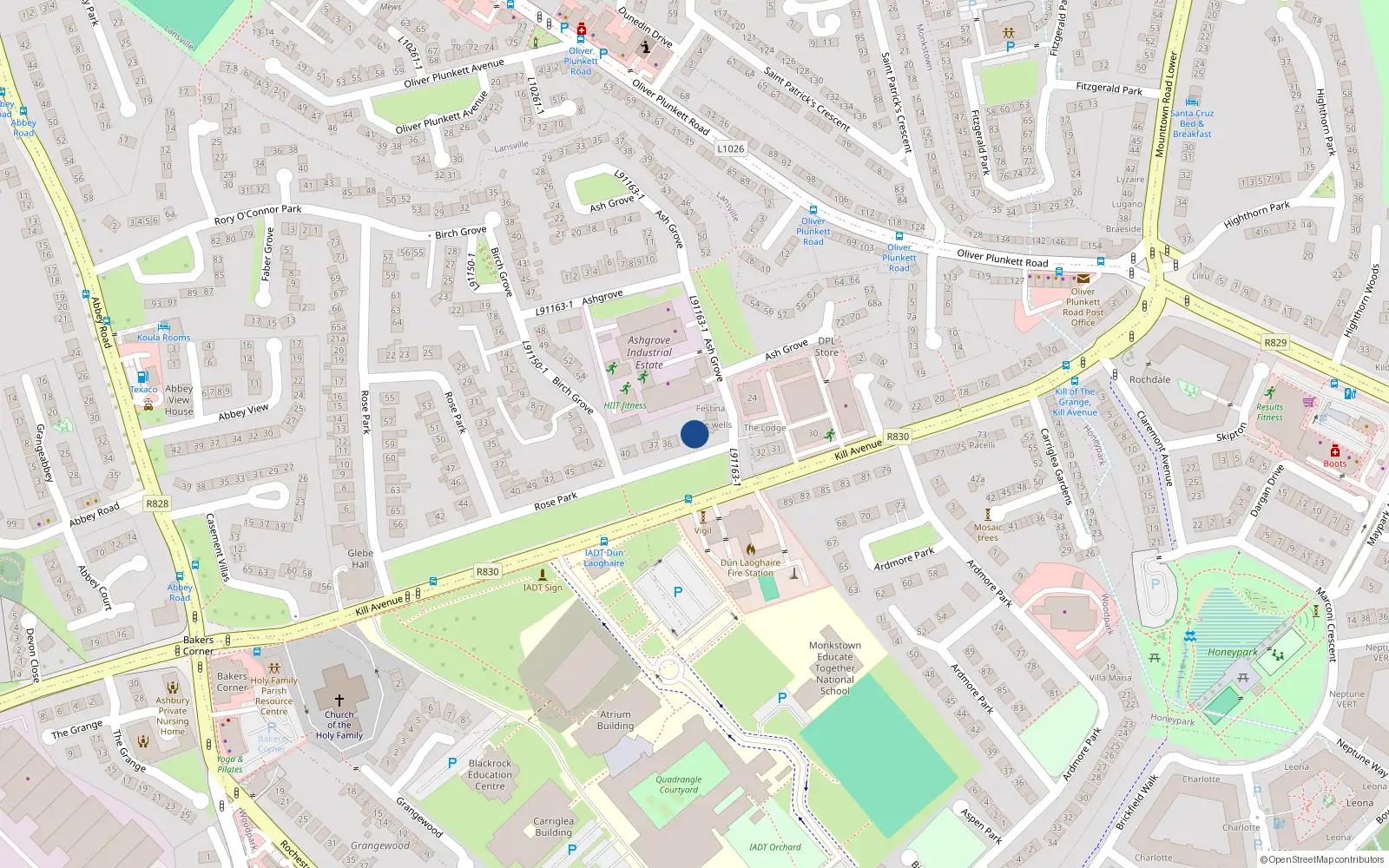 Overhead map showing the location of 33 Kill Avenue, Dun Laoghaire, Dublin