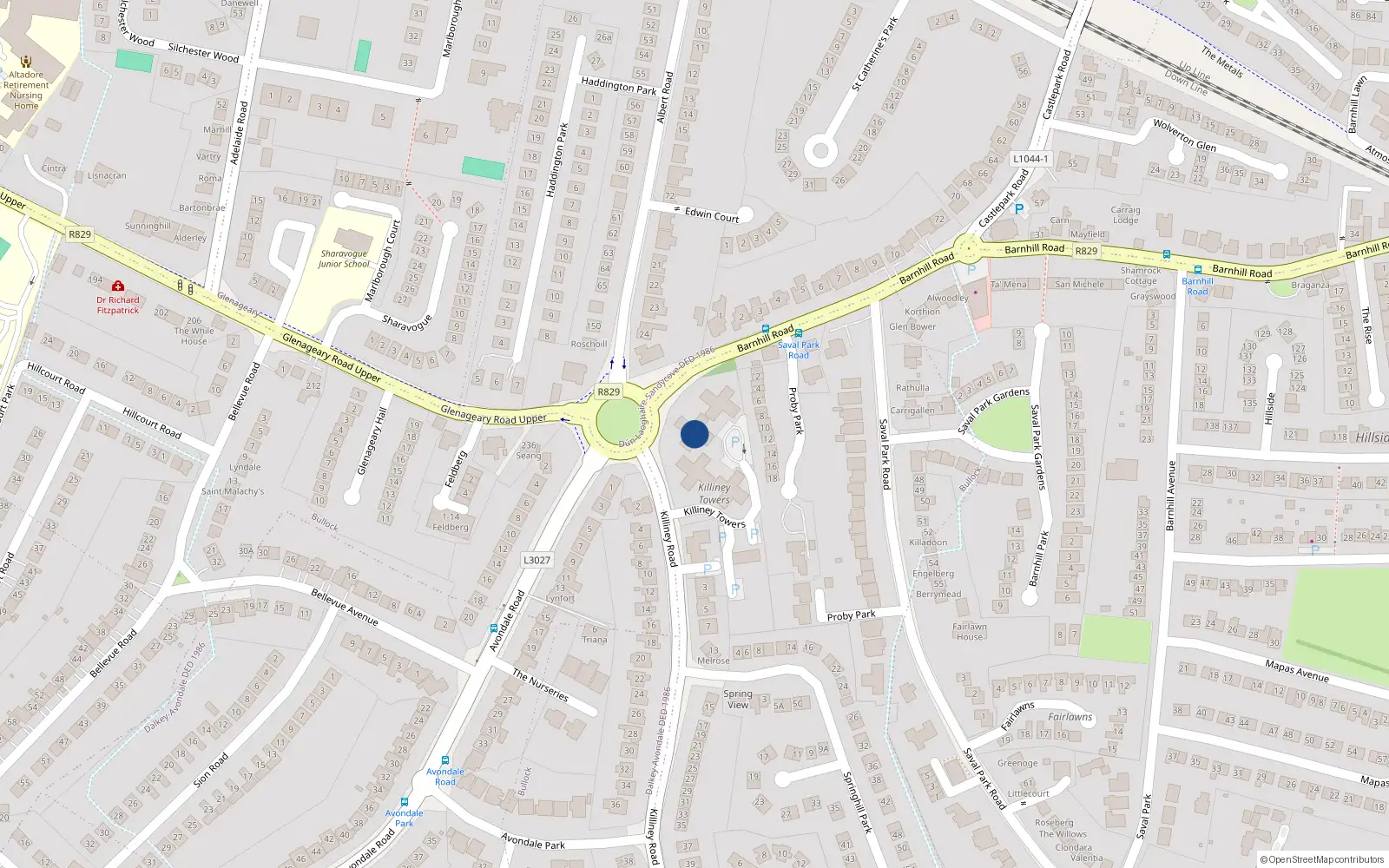 Overhead map showing the location of 33 Killiney Towers, Killiney, Dublin