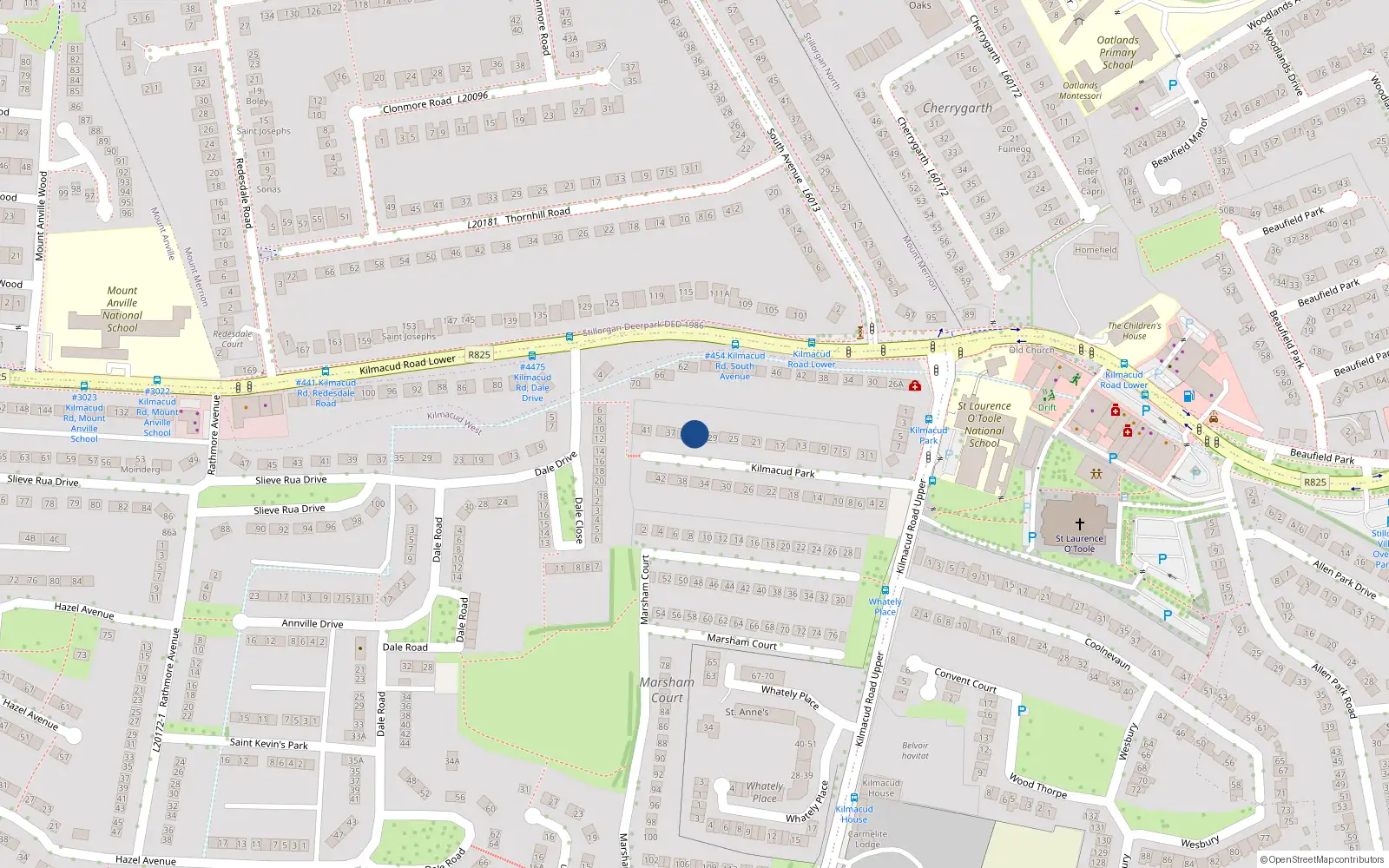 Overhead map showing the location of 33 Kilmacud Park, Blackrock