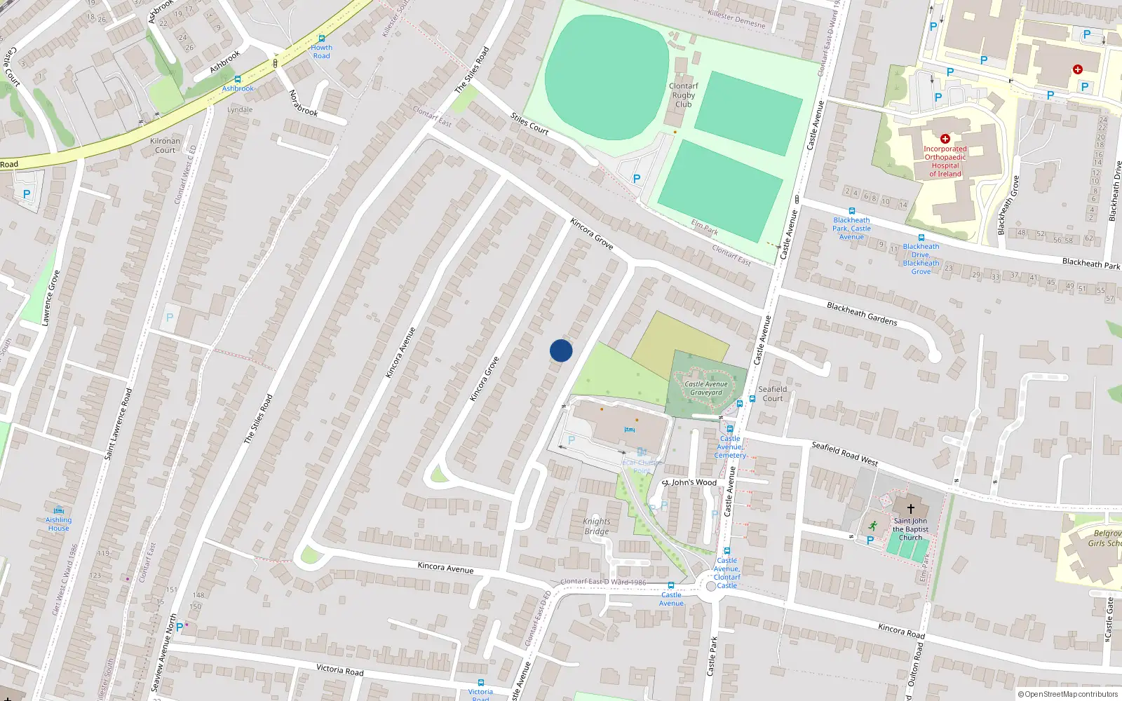 Overhead map showing the location of 33 Kincora Grove, Clontarf, Dublin 3