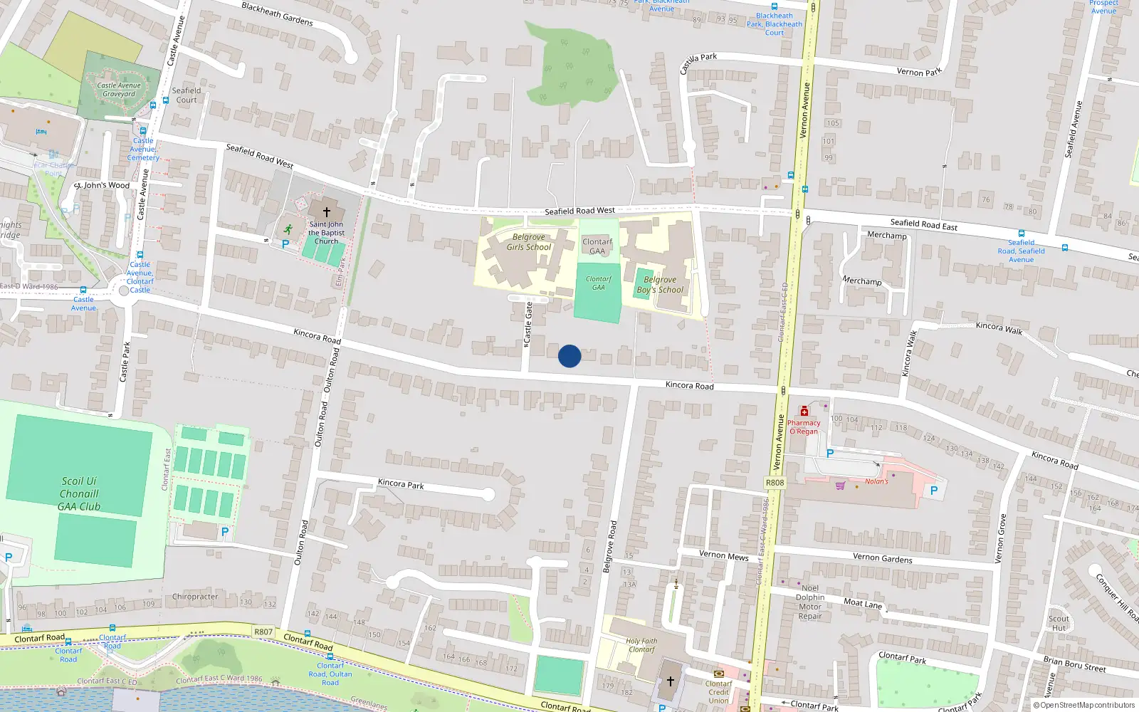 Overhead map showing the location of 33 Kincora Road, Clontarf, Dublin 3
