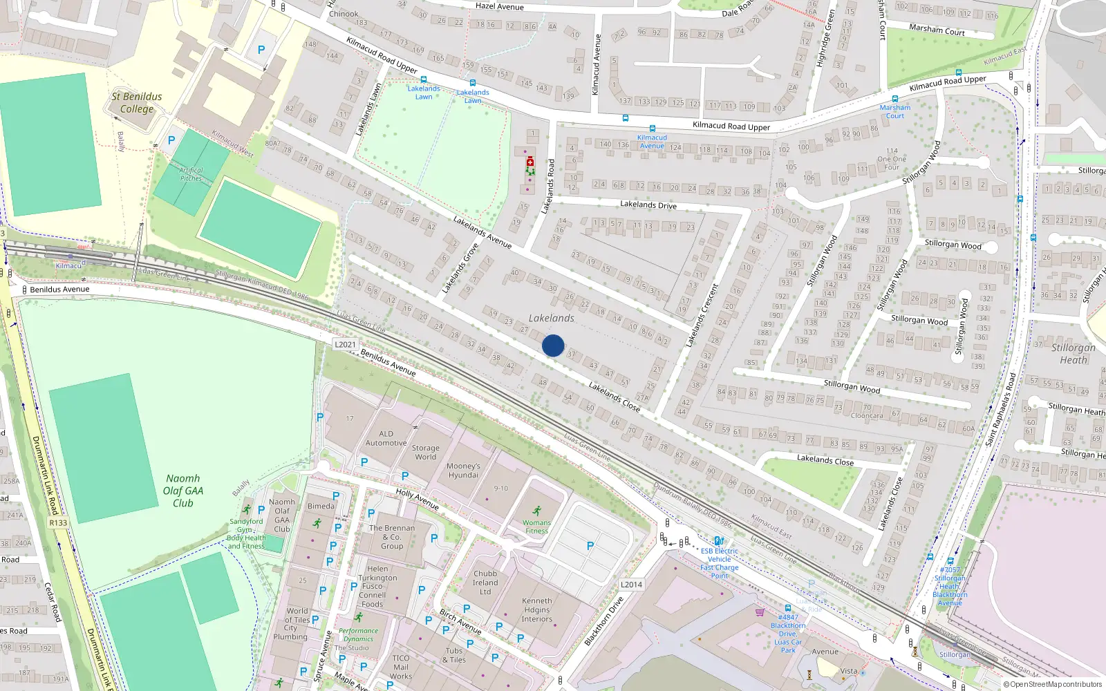 Overhead map showing the location of 33 Lakelands Close, Stillorgan, Dublin