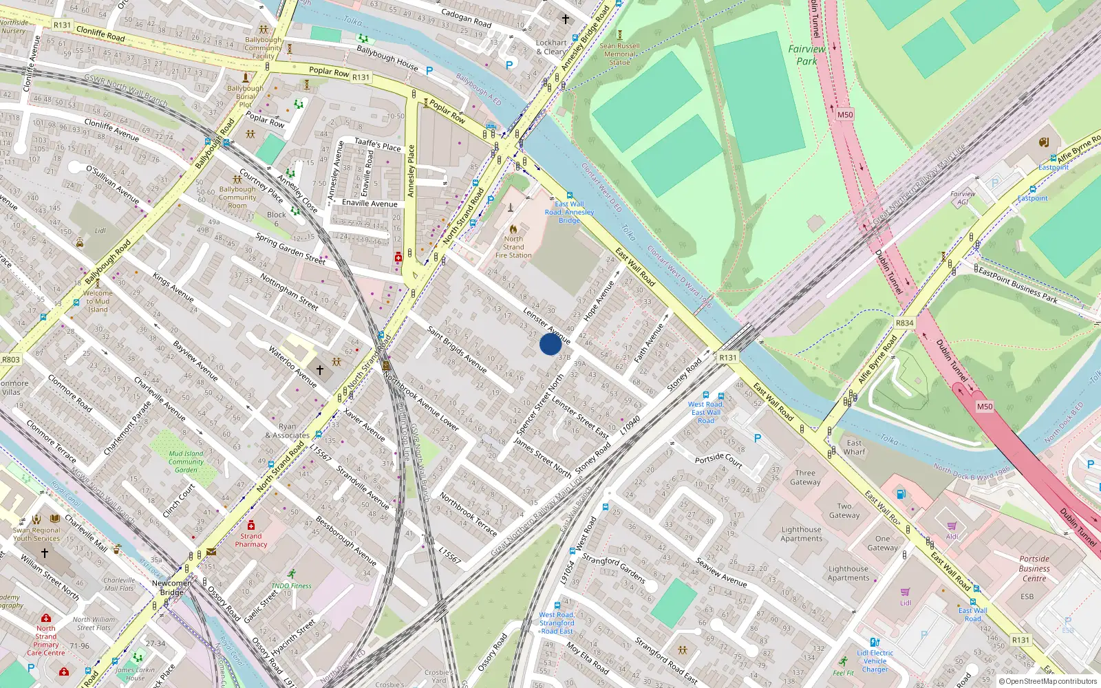Overhead map showing the location of 33 Leinster Avenue, Strand Road North, Dublin 3