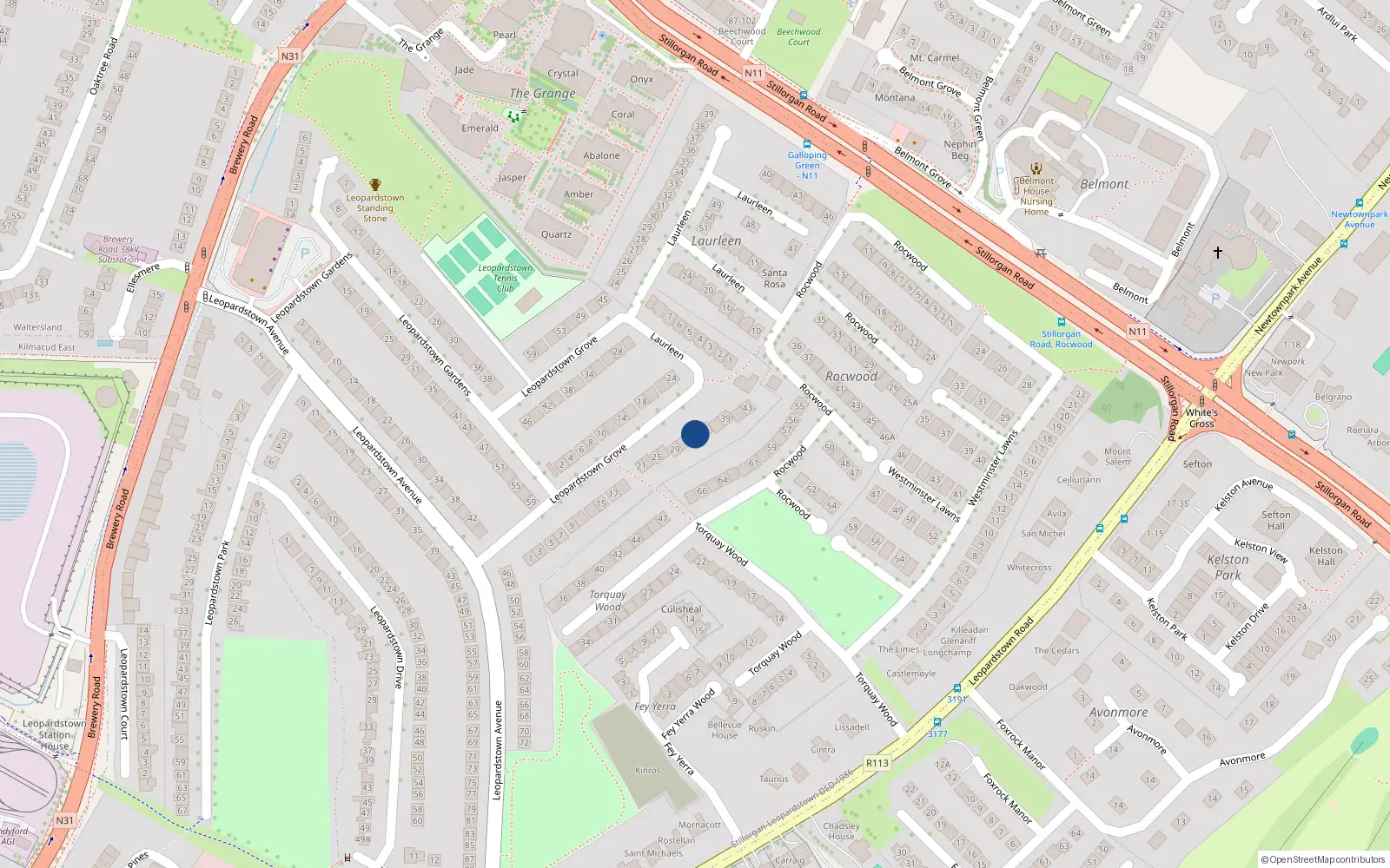 Overhead map showing the location of 33 Leopardstown Grove, Dublin