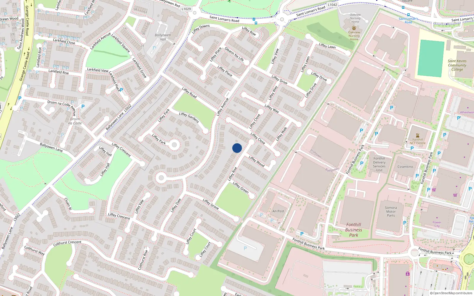 Overhead map showing the location of 33 Liffey Rise, Liffey Valley Park, Lucan