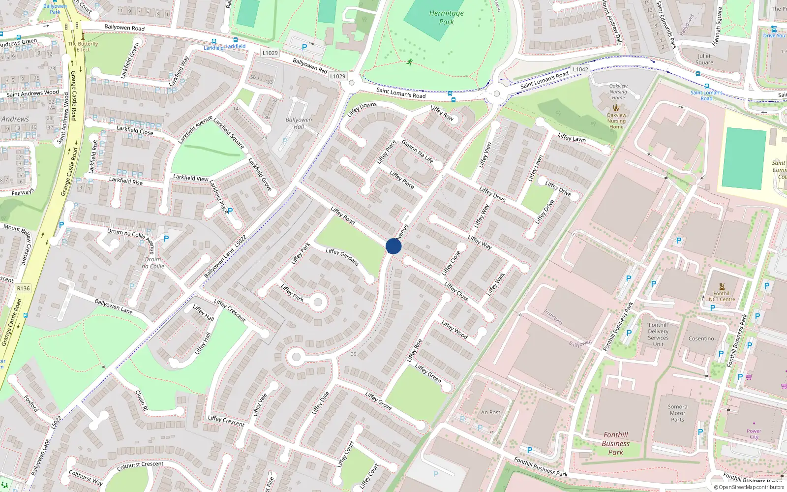 Overhead map showing the location of 33 Liffey Valley Park, Liffey Valley, Lucan