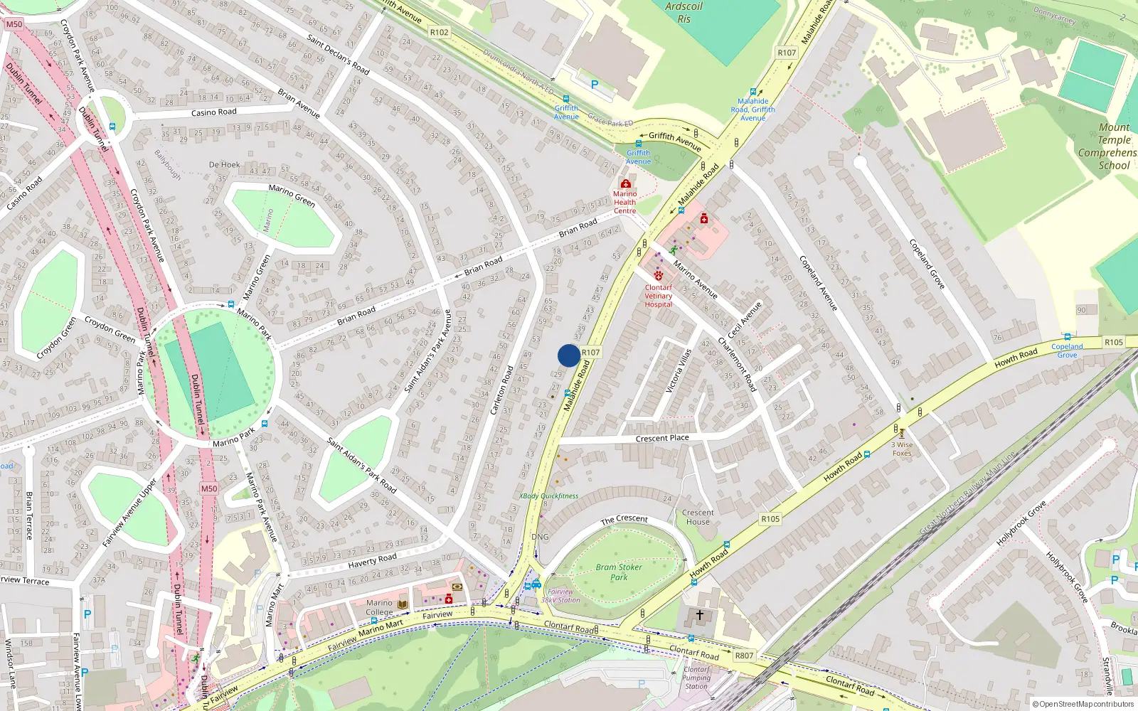 Overhead map showing the location of 33 Malahide Road, Dublin 3