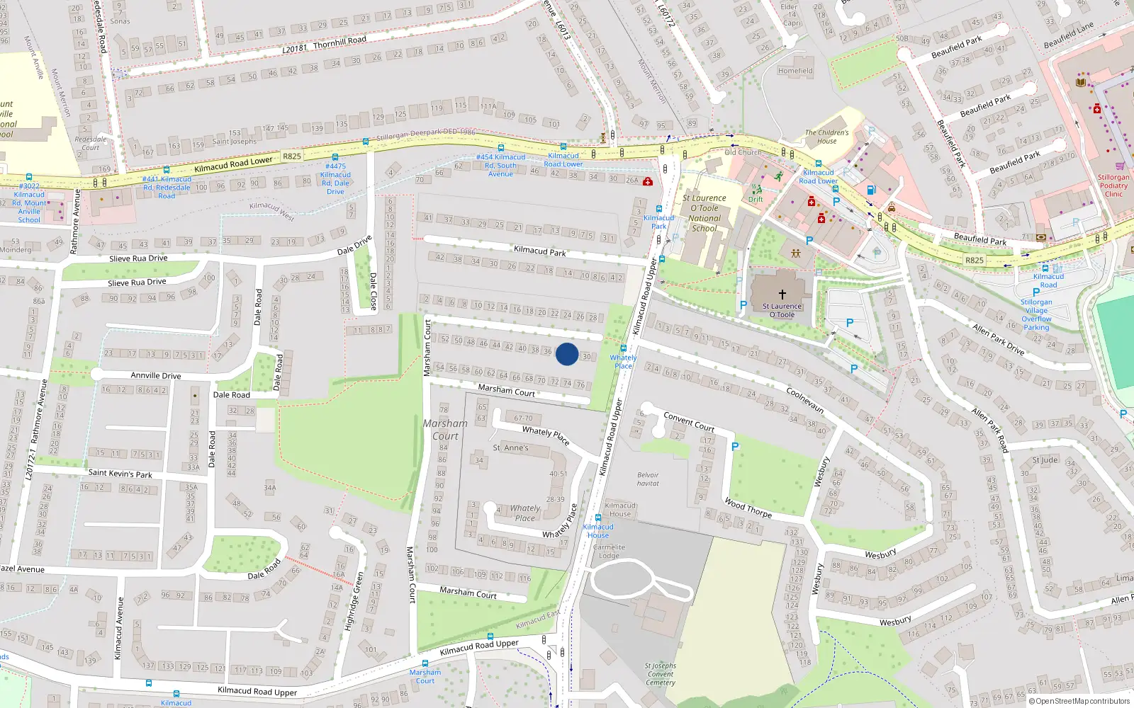 Overhead map showing the location of 33 Marsham Court, Stillorgan, Dublin