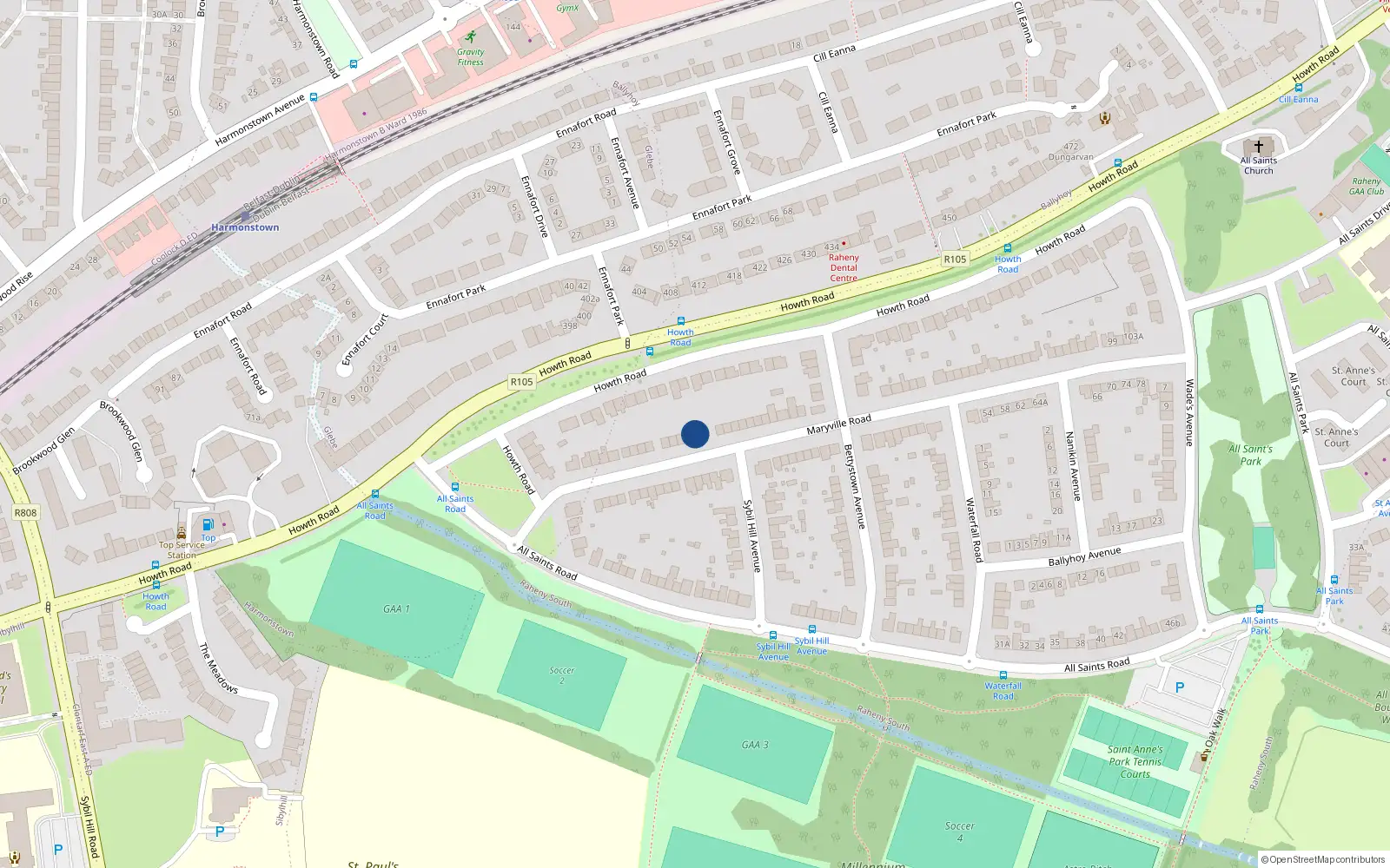 Overhead map showing the location of 33 Maryville Road, Dublin 5