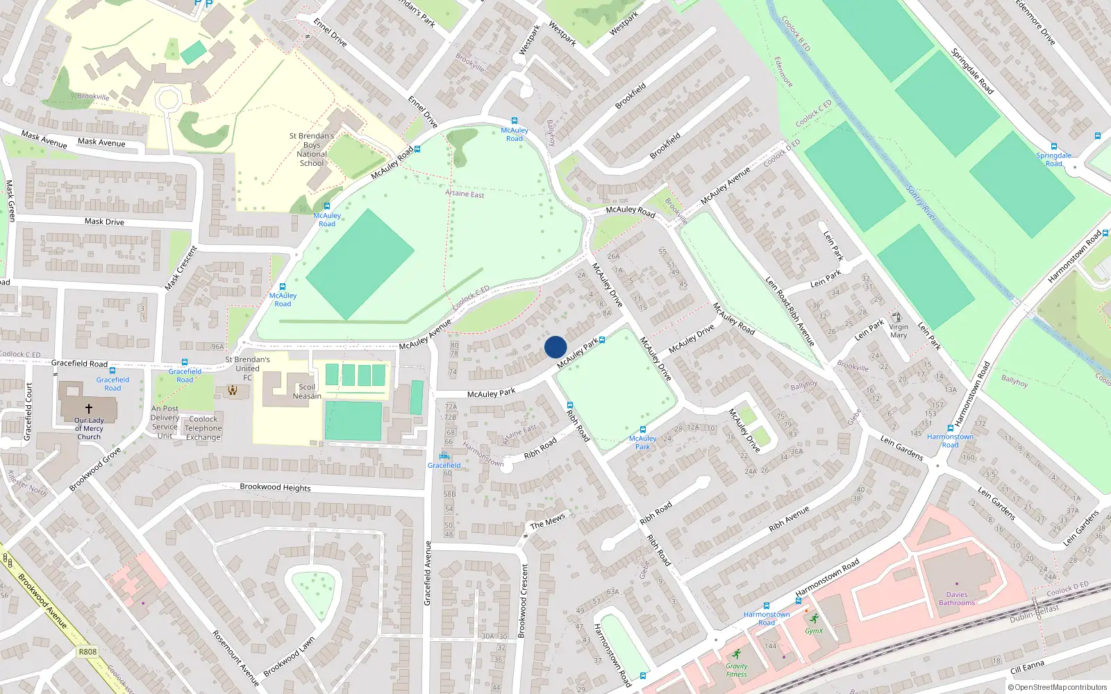 Overhead map showing the location of 33 Mcauley Park, Artane, Dublin 5