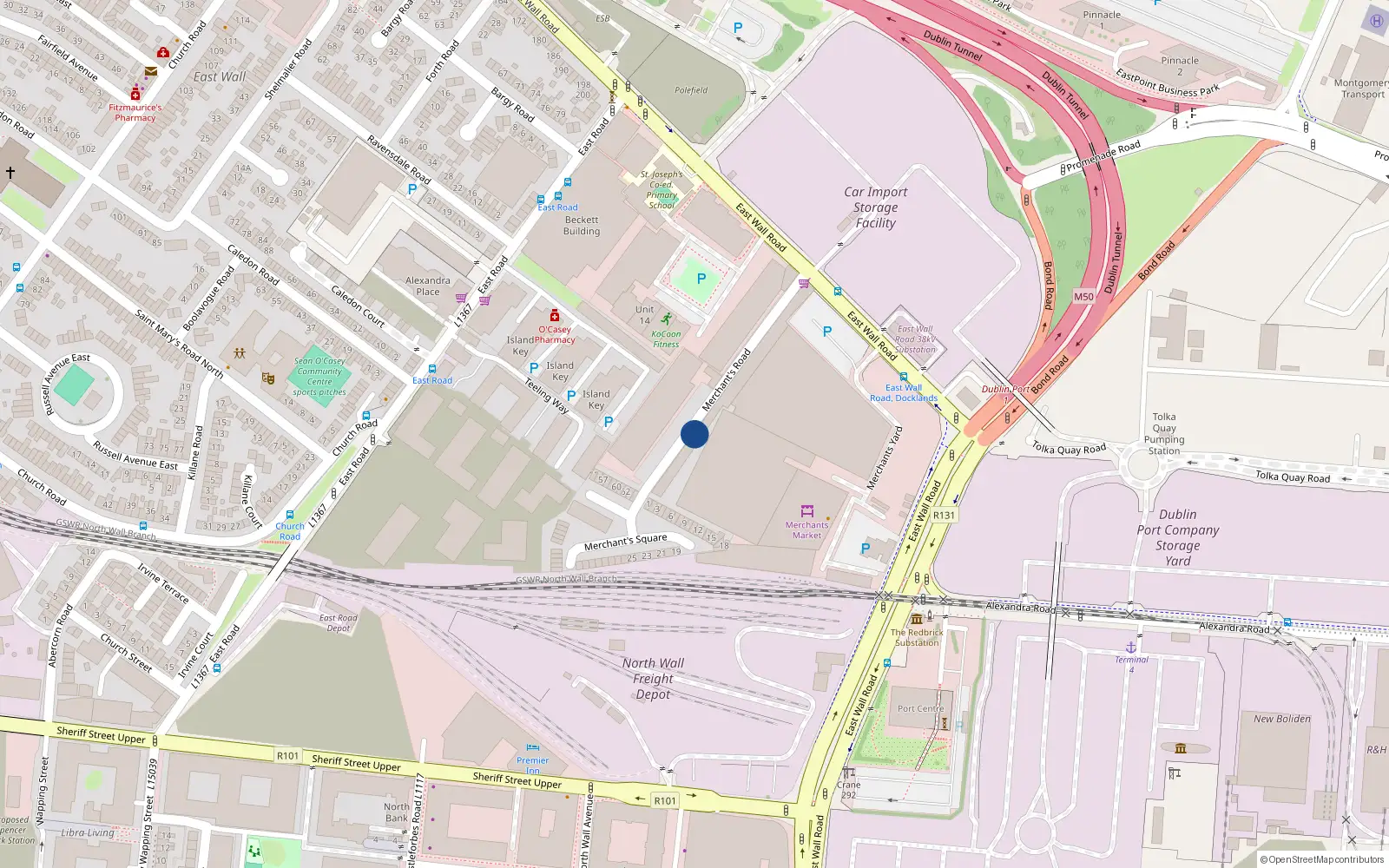 Overhead map showing the location of 33 Merchants Road, East Wall, Dublin 3