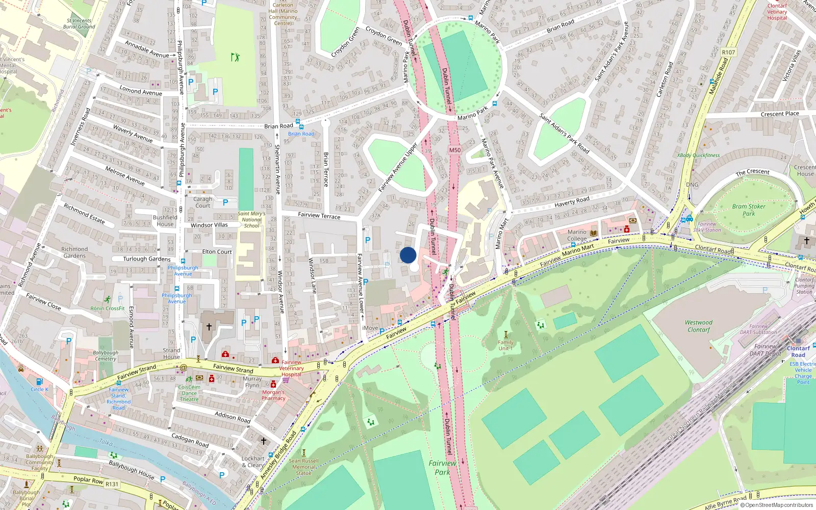 Overhead map showing the location of 33 Merville Avenue, Dublin 3