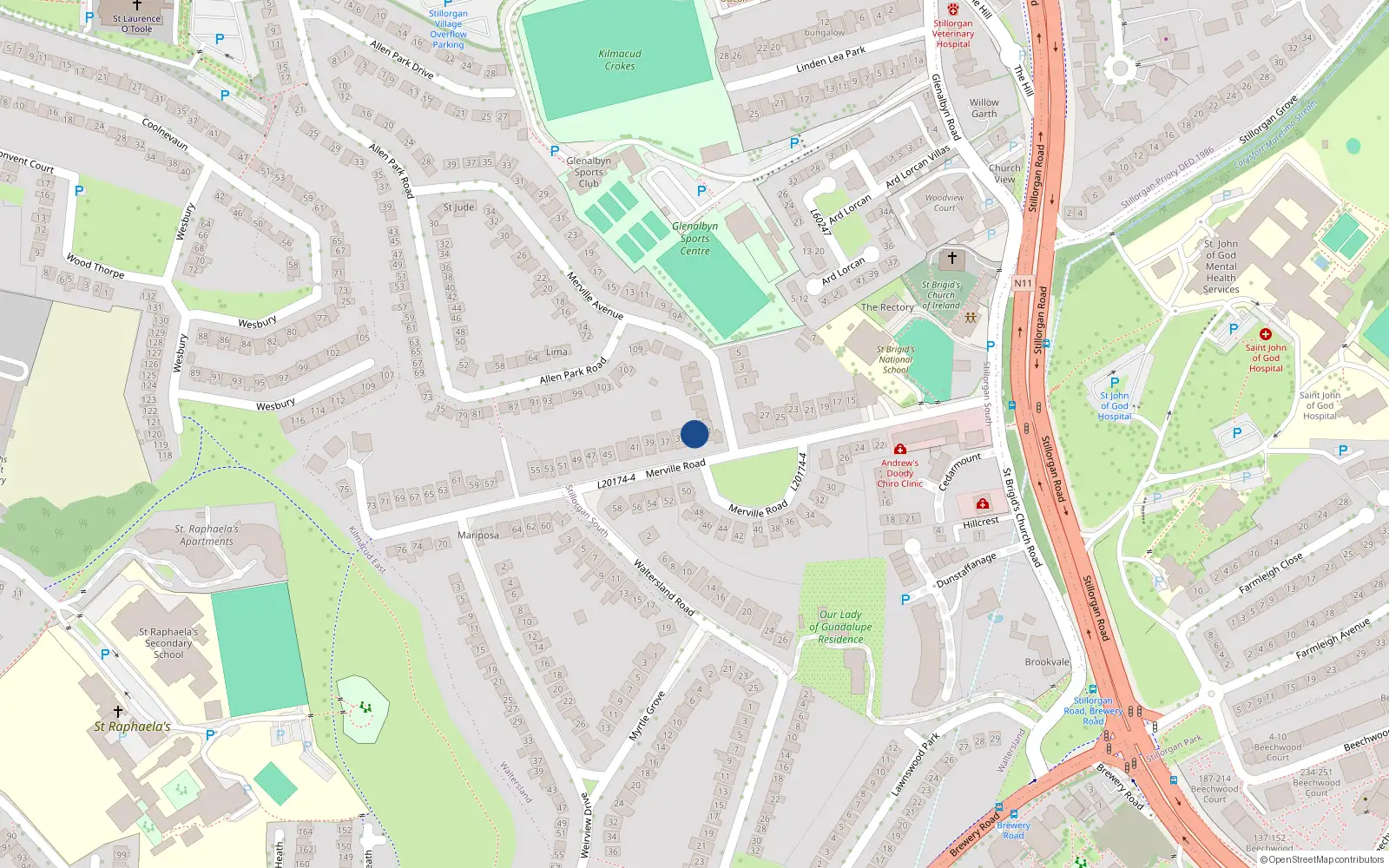 Overhead map showing the location of 33 Merville Road, Dublin