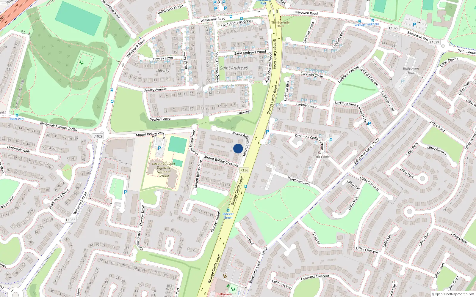 Overhead map showing the location of 33 Mount Bellew Crescent, Lucan
