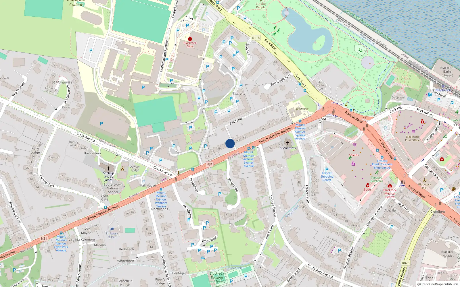 Overhead map showing the location of 33 Mount Merrion Avenue, Blackrock