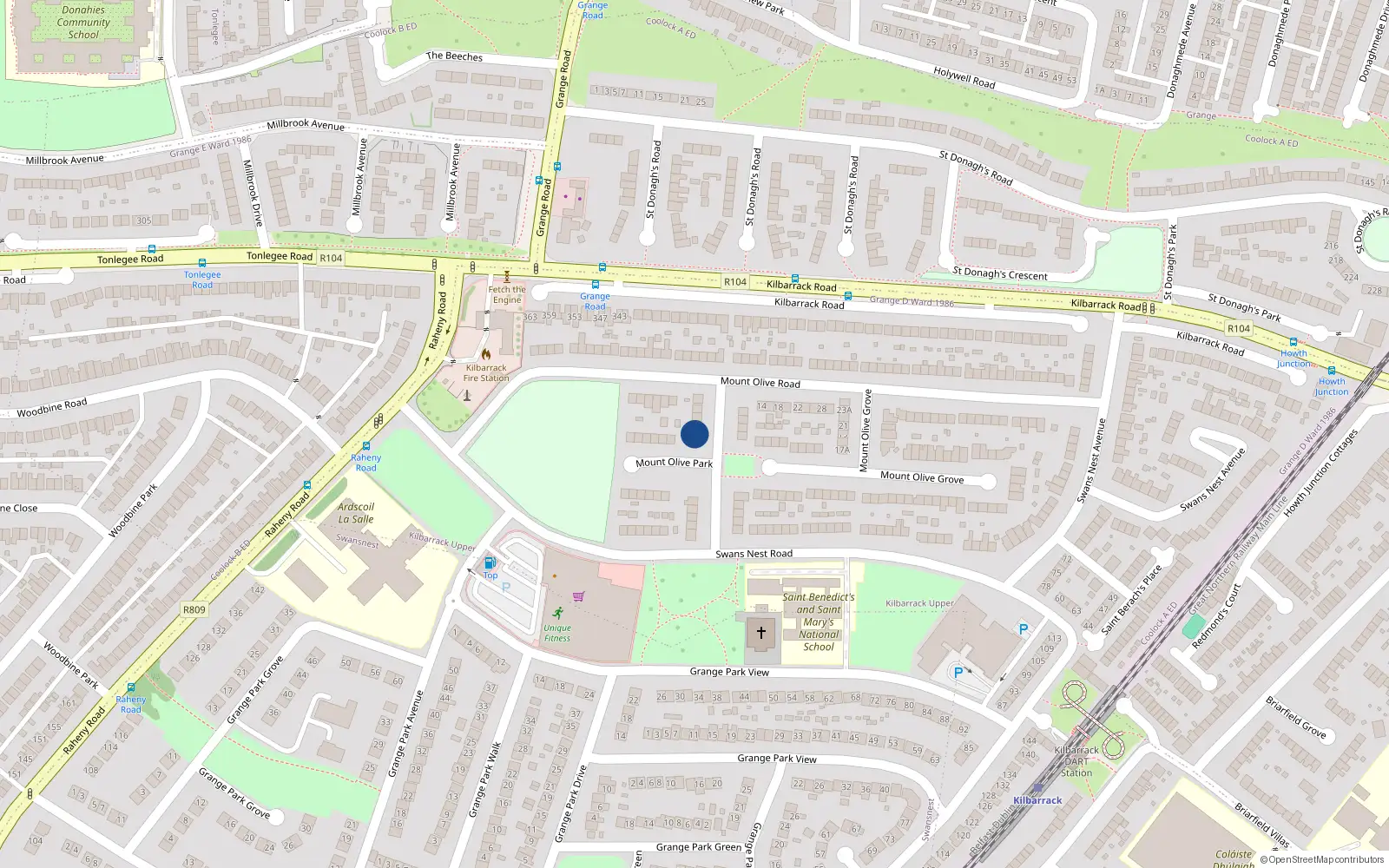 Overhead map showing the location of 33 Mount Olive Park, Kilbarrack, Dublin 5