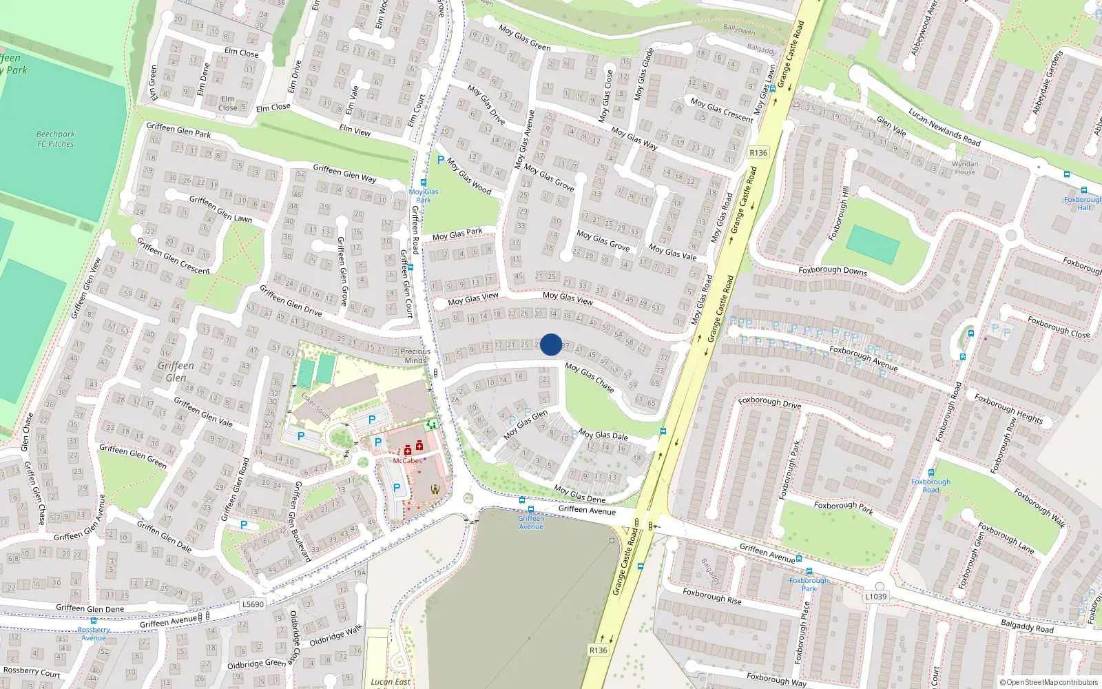 Overhead map showing the location of 33 Moy Glas Chase, Lucan