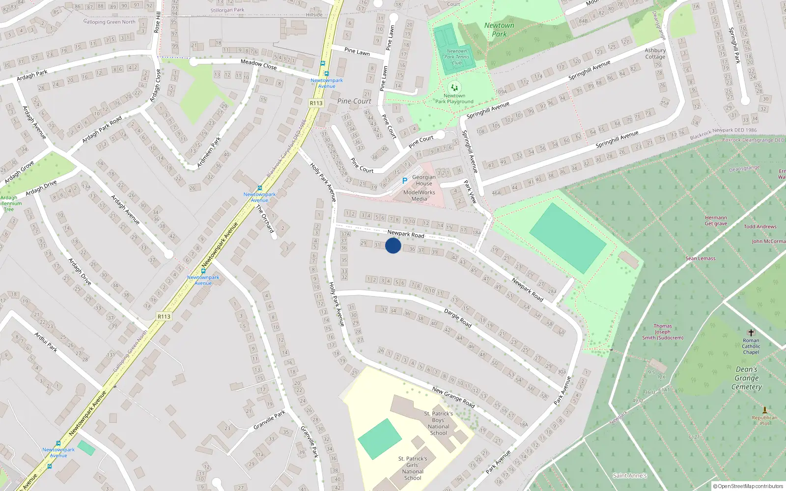 Overhead map showing the location of 33 New Park Road, Blackrock, Dublin