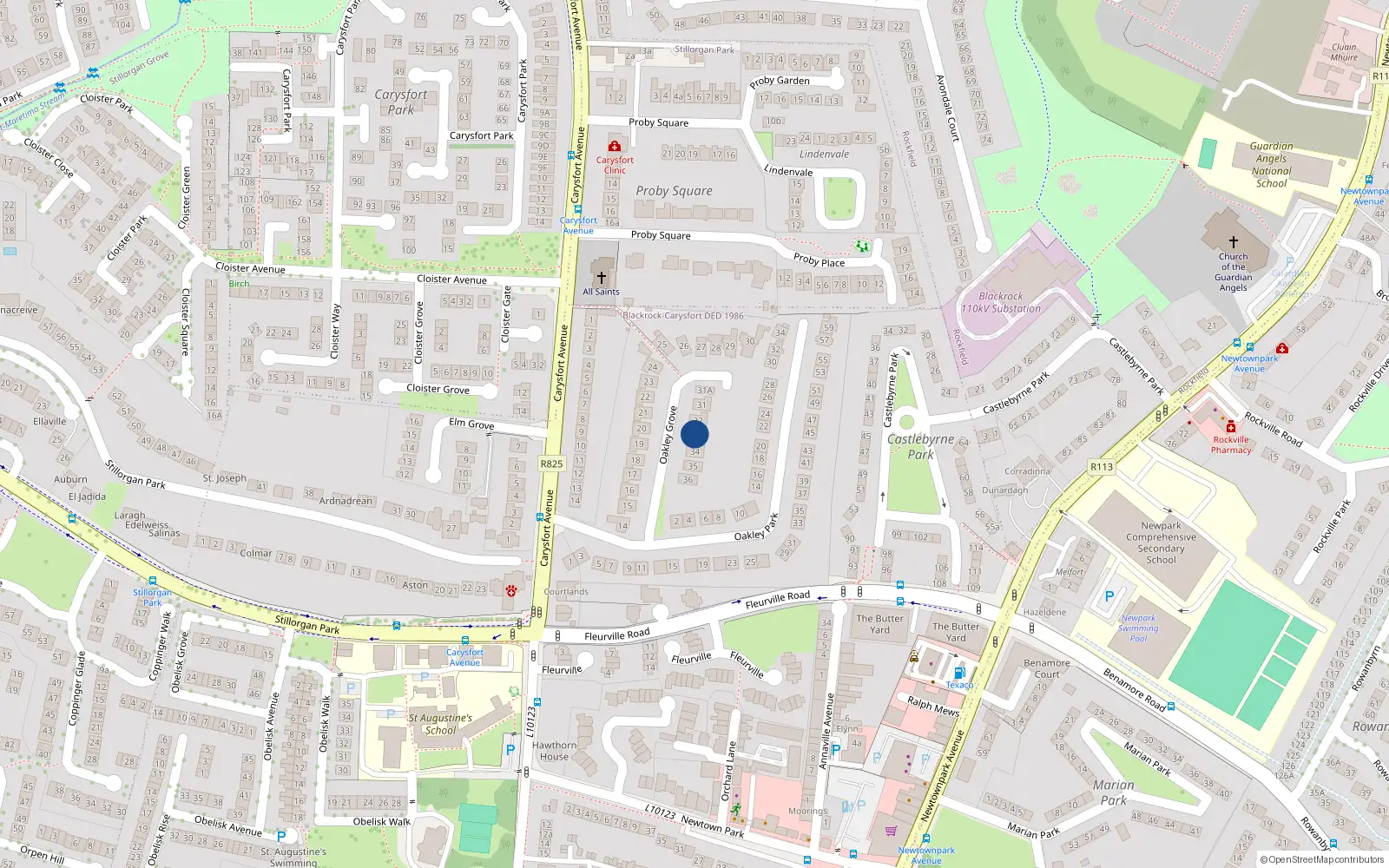 Overhead map showing the location of 33 Oakley Grove, Blackrock, Co Dublin