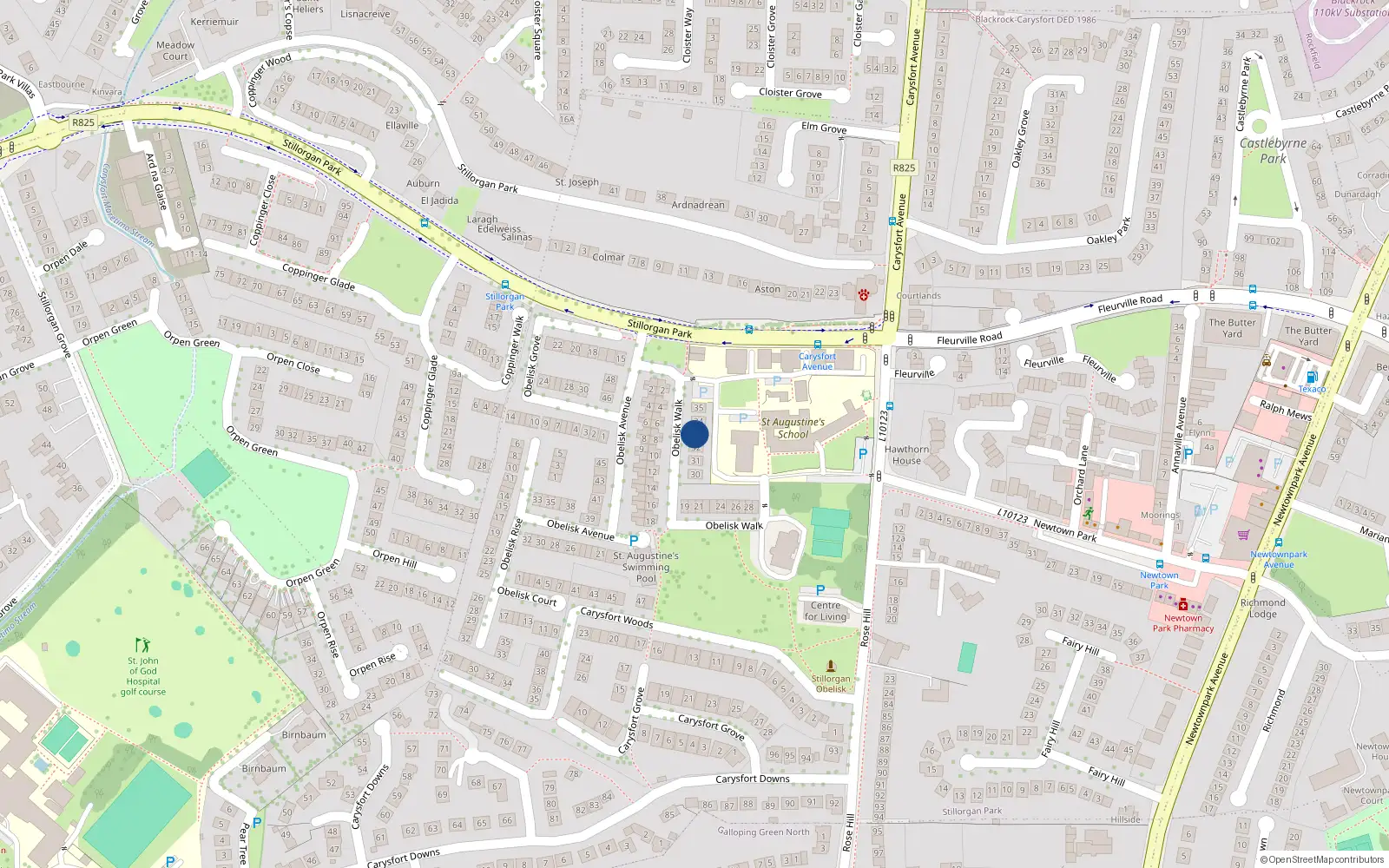 Overhead map showing the location of 33 Obelisk Walk, Carysfort Avenue, Blackrock