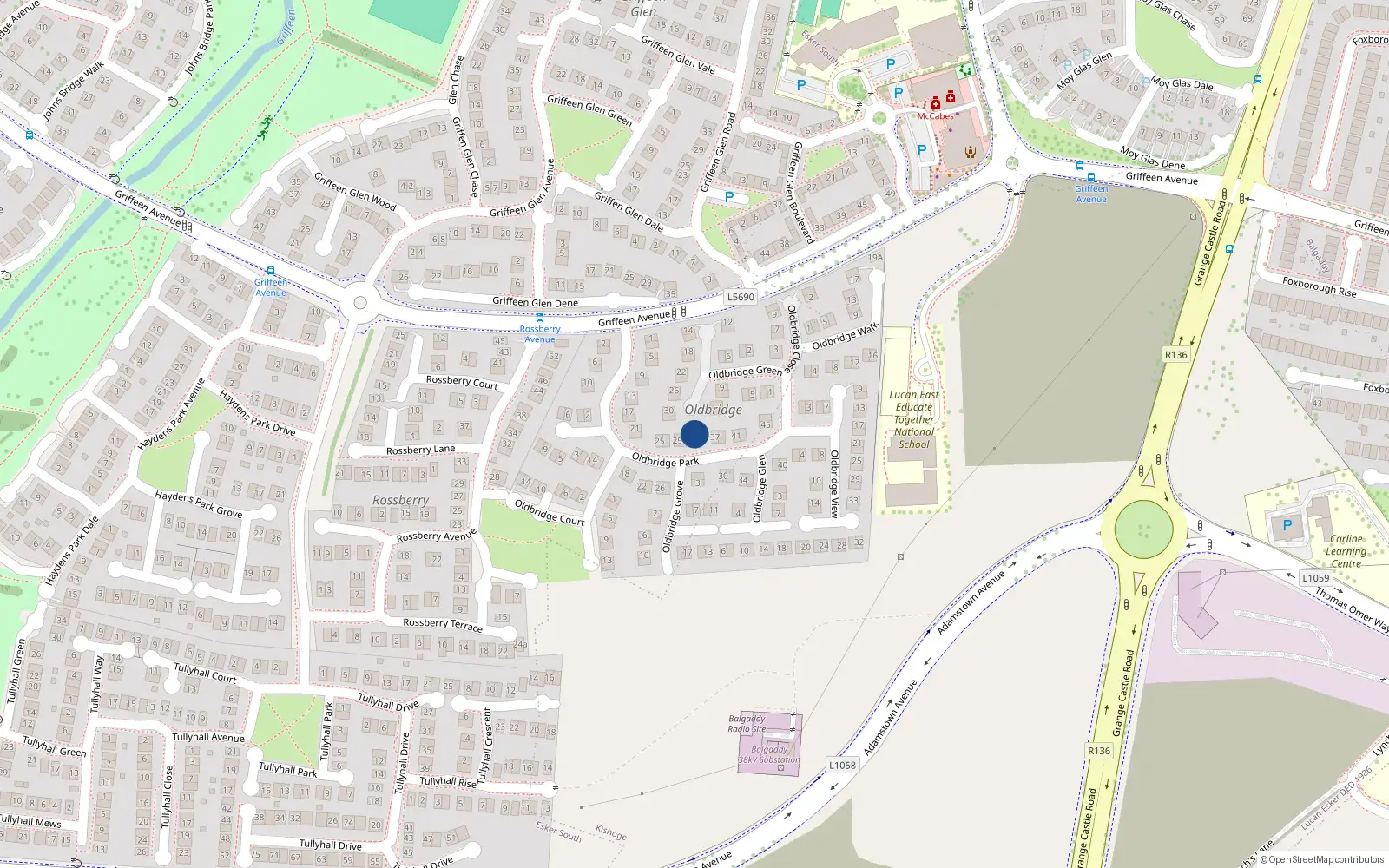 Overhead map showing the location of 33 Oldbridge Park, Lucan