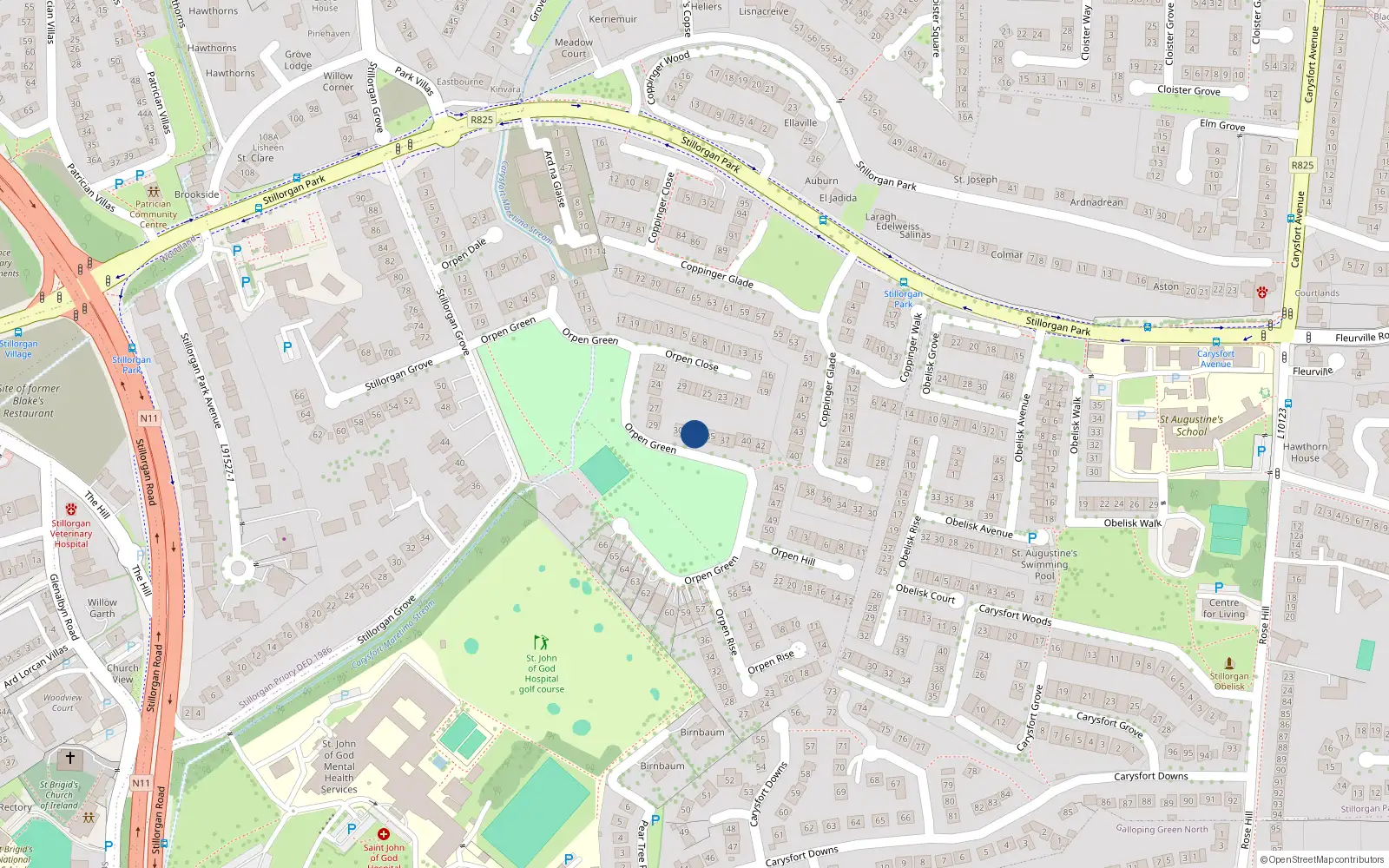 Overhead map showing the location of 33 Orpen Green, Stillorgan Grove, Blackrock