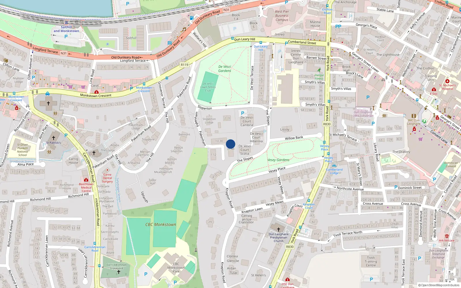 Overhead map showing the location of 33 Pakenham, The Slopes, Monkstown