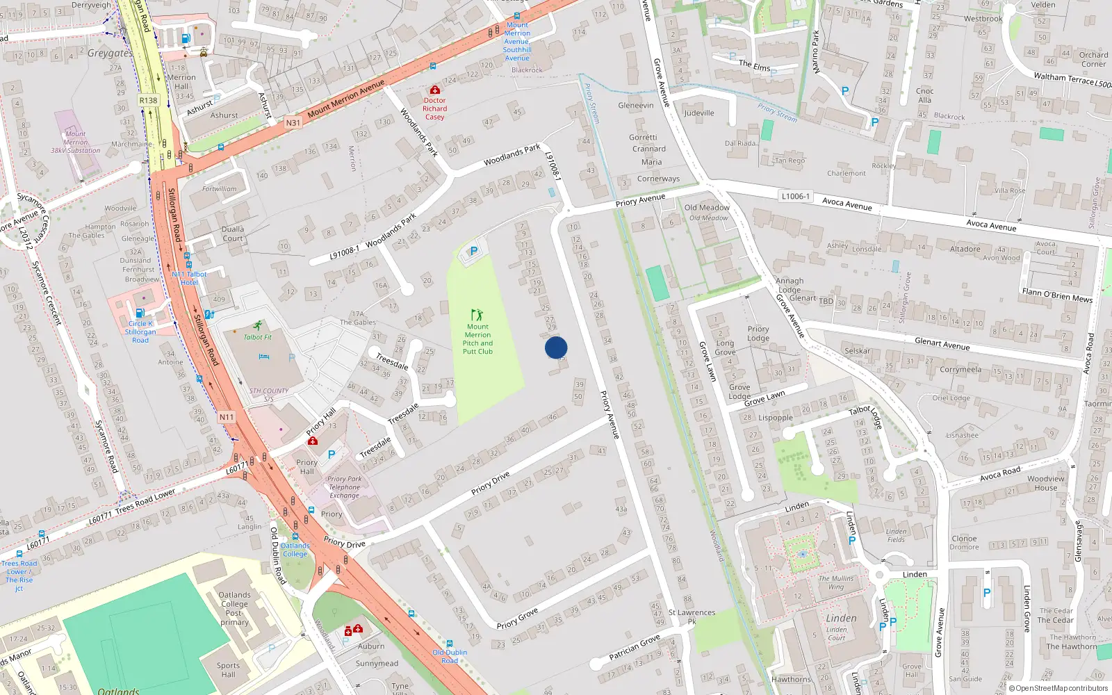 Overhead map showing the location of 33 Priory Avenue, Stillorgan, Dublin