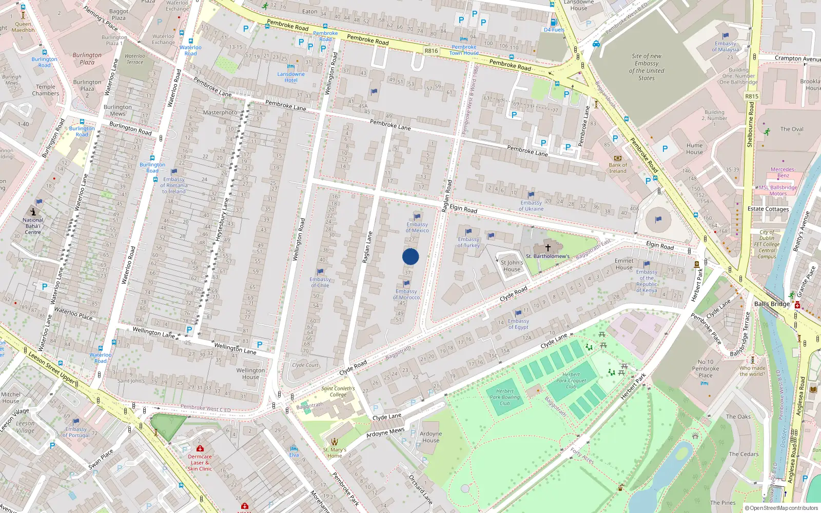 Overhead map showing the location of 33 Raglan Road, Dublin