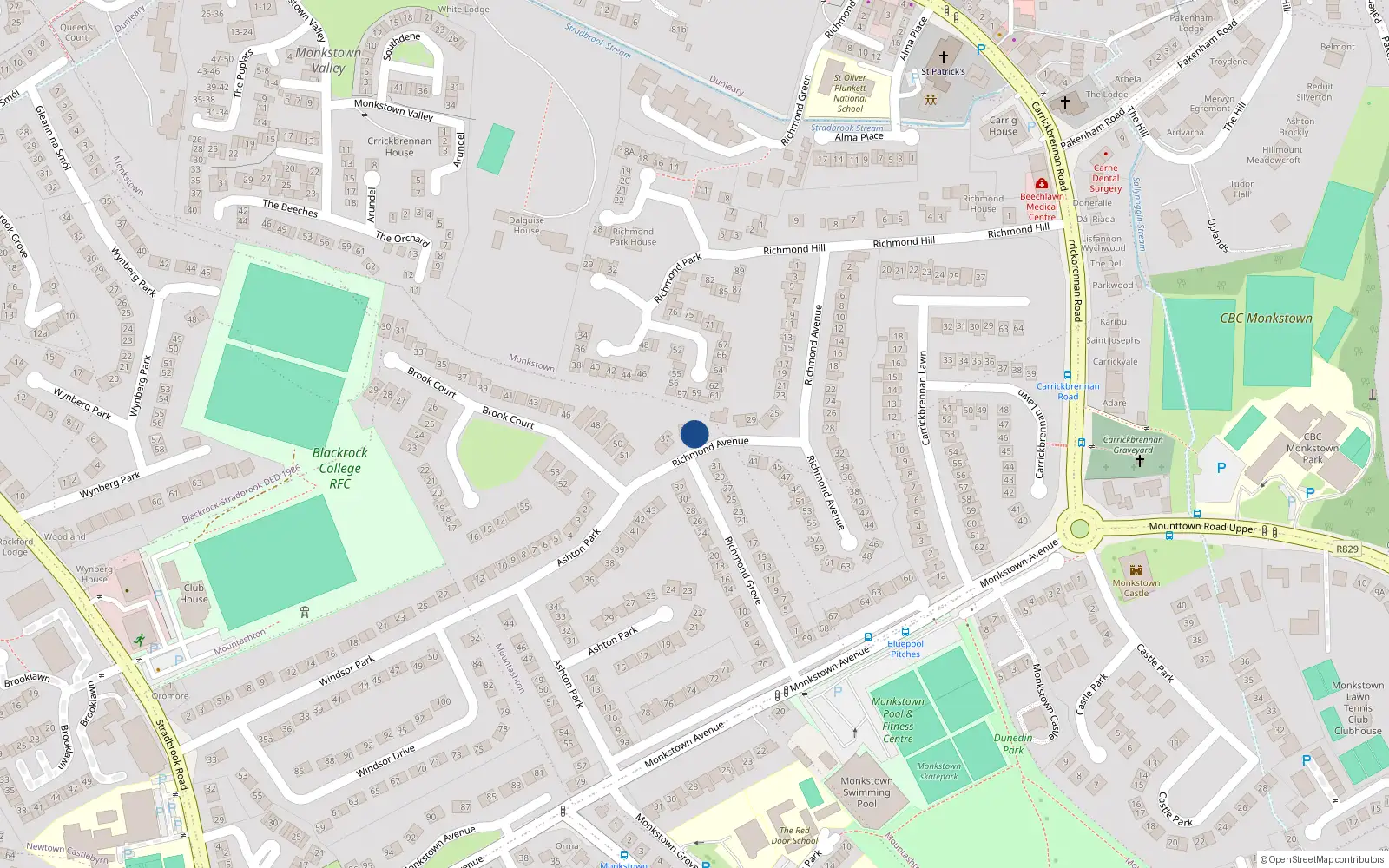 Overhead map showing the location of 33 Richmond Avenue, Monkstown, Dublin