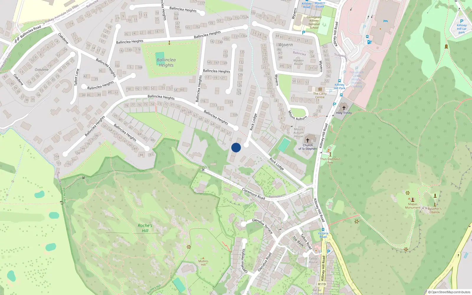 Overhead map showing the location of 33 Rock Lodge, Killiney