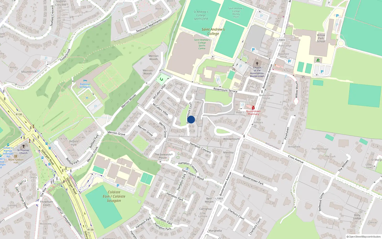 Overhead map showing the location of 33 Rosemount Court, Booterstown Avenue, Blackrock