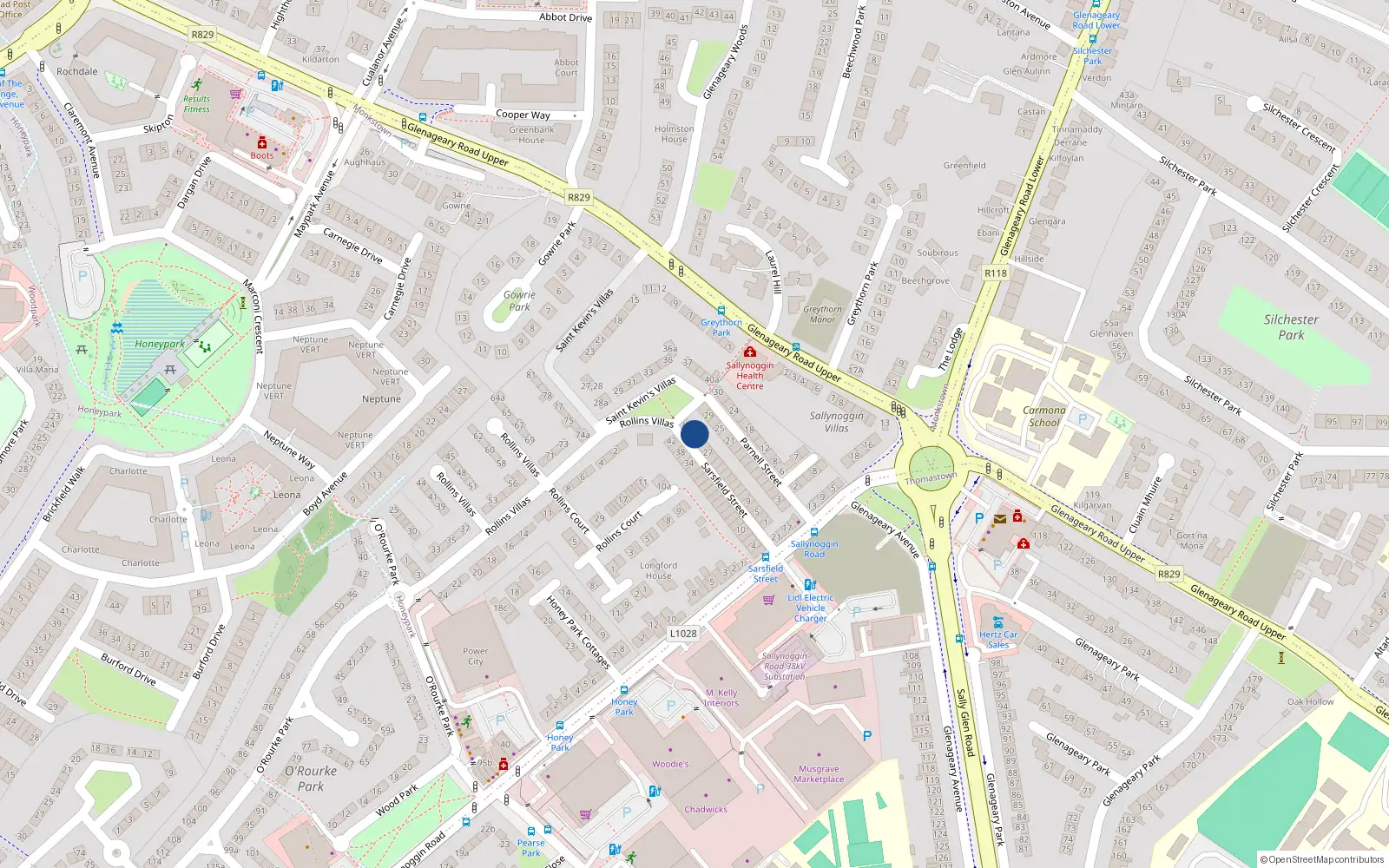 Overhead map showing the location of 33 Sarsfield Street, Sallynoggin