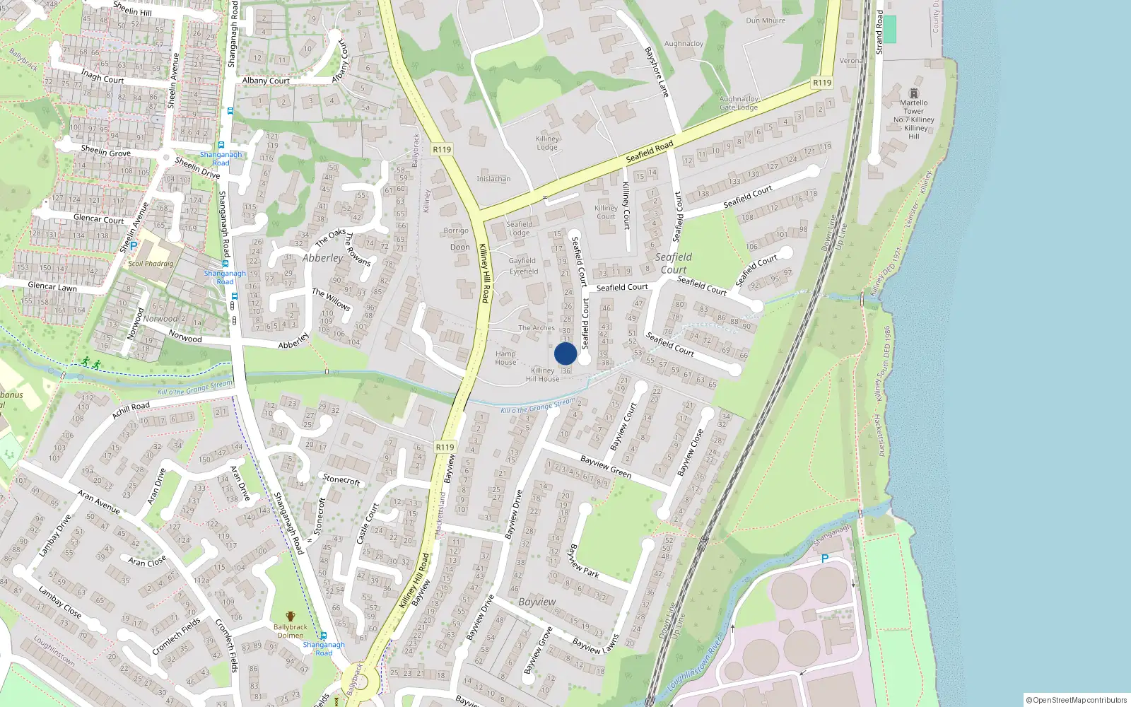 Overhead map showing the location of 33 Seafield Court, Killiney, Dublin